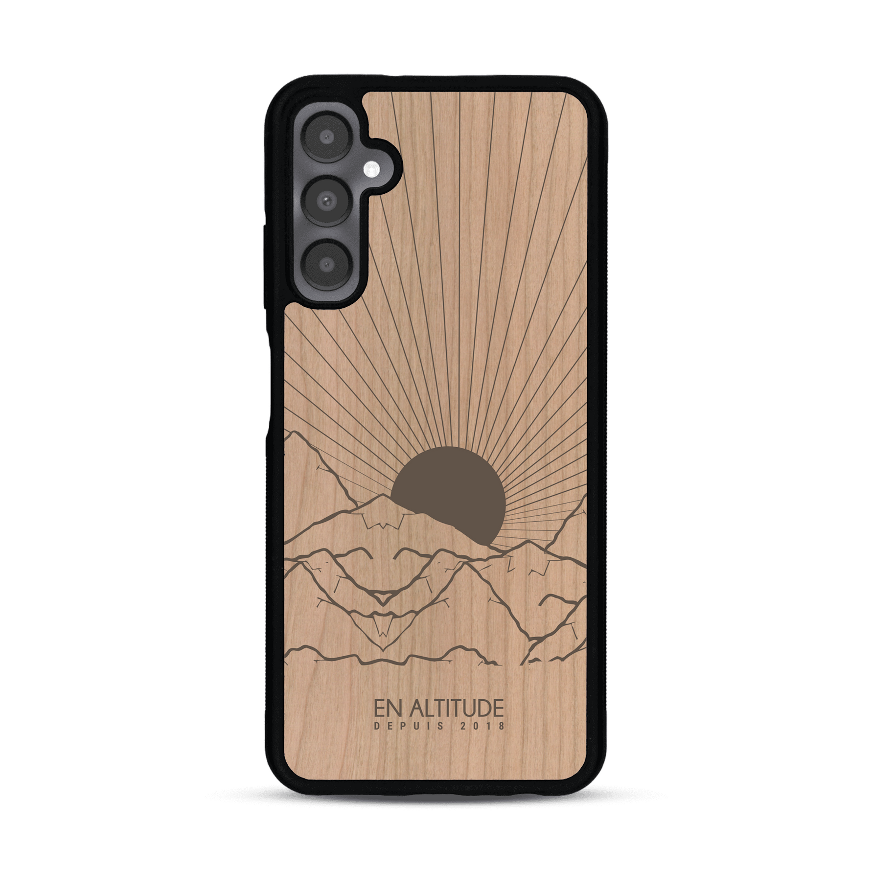 Coque de protection en bois véritable fabriquée en France pour  représentant des montagnes, sur le thème de la randonnée en pleine nature et du trail
