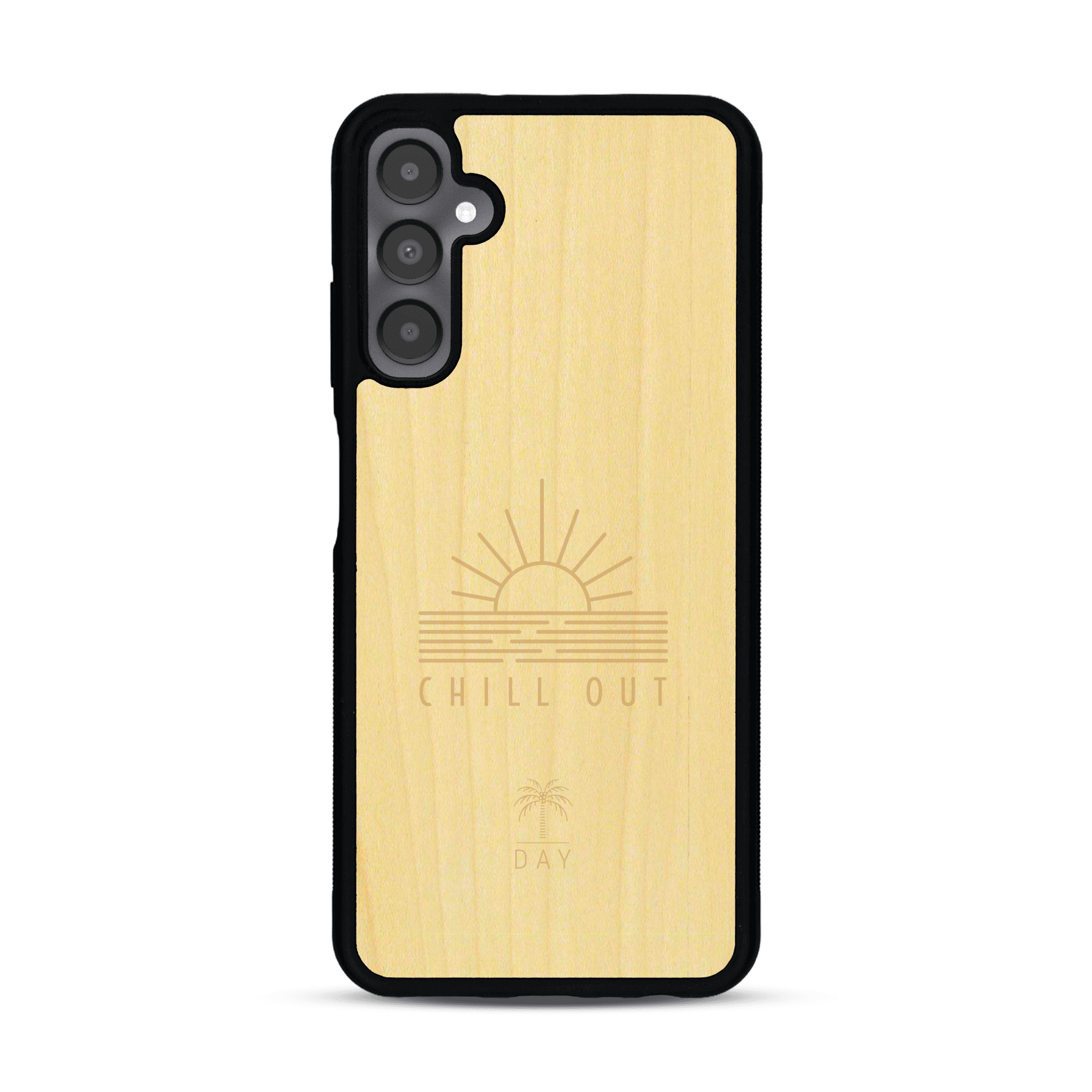 Coque de protection en bois véritable fabriquée en France pour  sur le thème chill avec un motif représentant un couché de soleil sur l'océan et la phrase "Chill out"