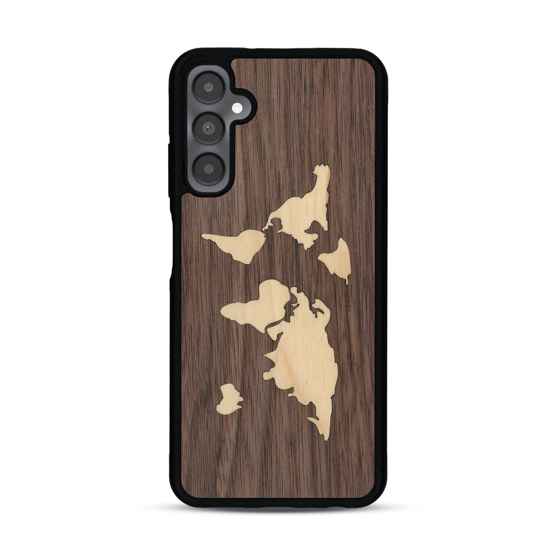 Coque de protection en bois véritable fabriquée en France pour  alliant du bambou et du noyer sur le thème du voyage et de l'aventure représentant une mappemonde