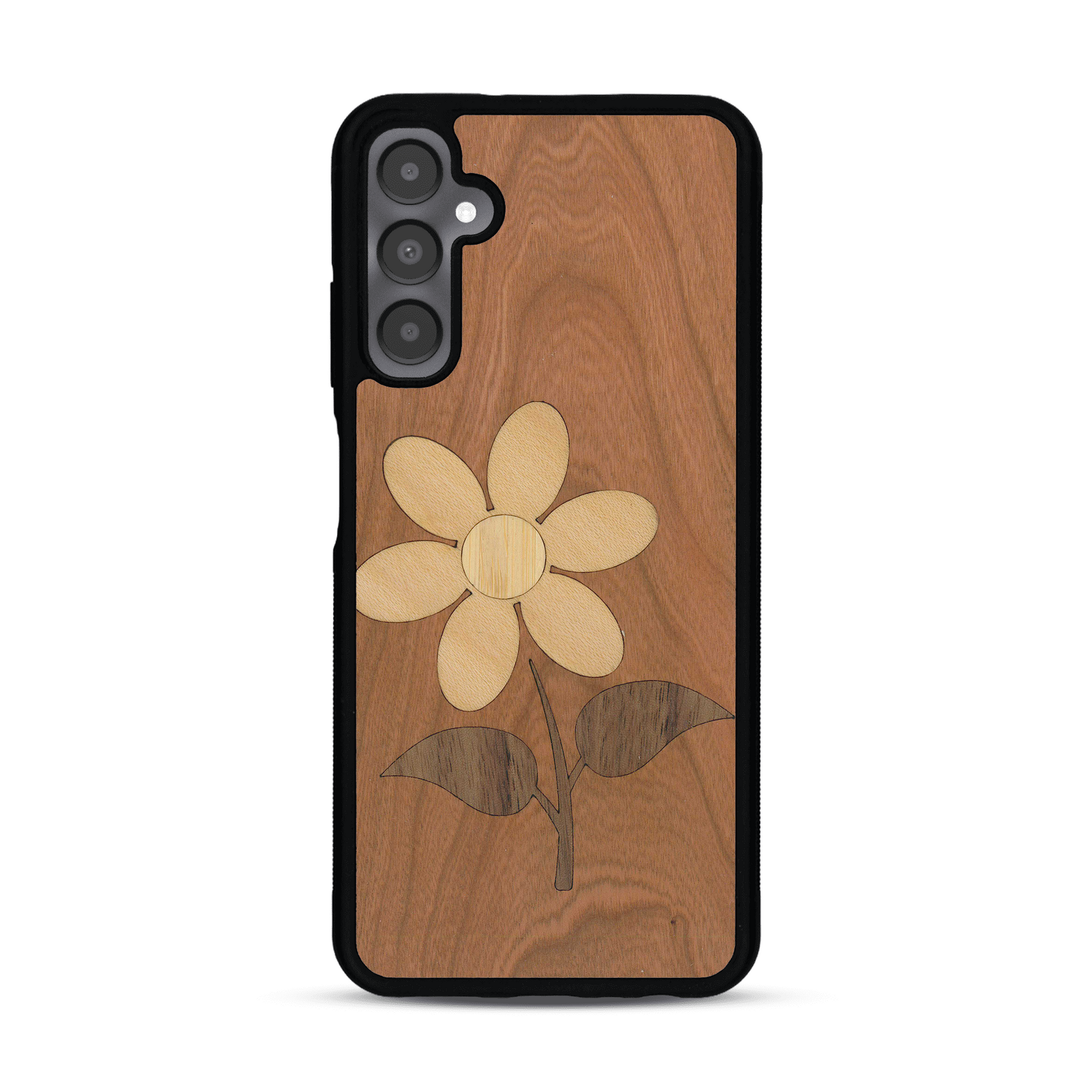 Coque de protection en bois véritable fabriquée en France pour Samsung A05S alliant plusieurs essences de bois pour représenter une marguerite