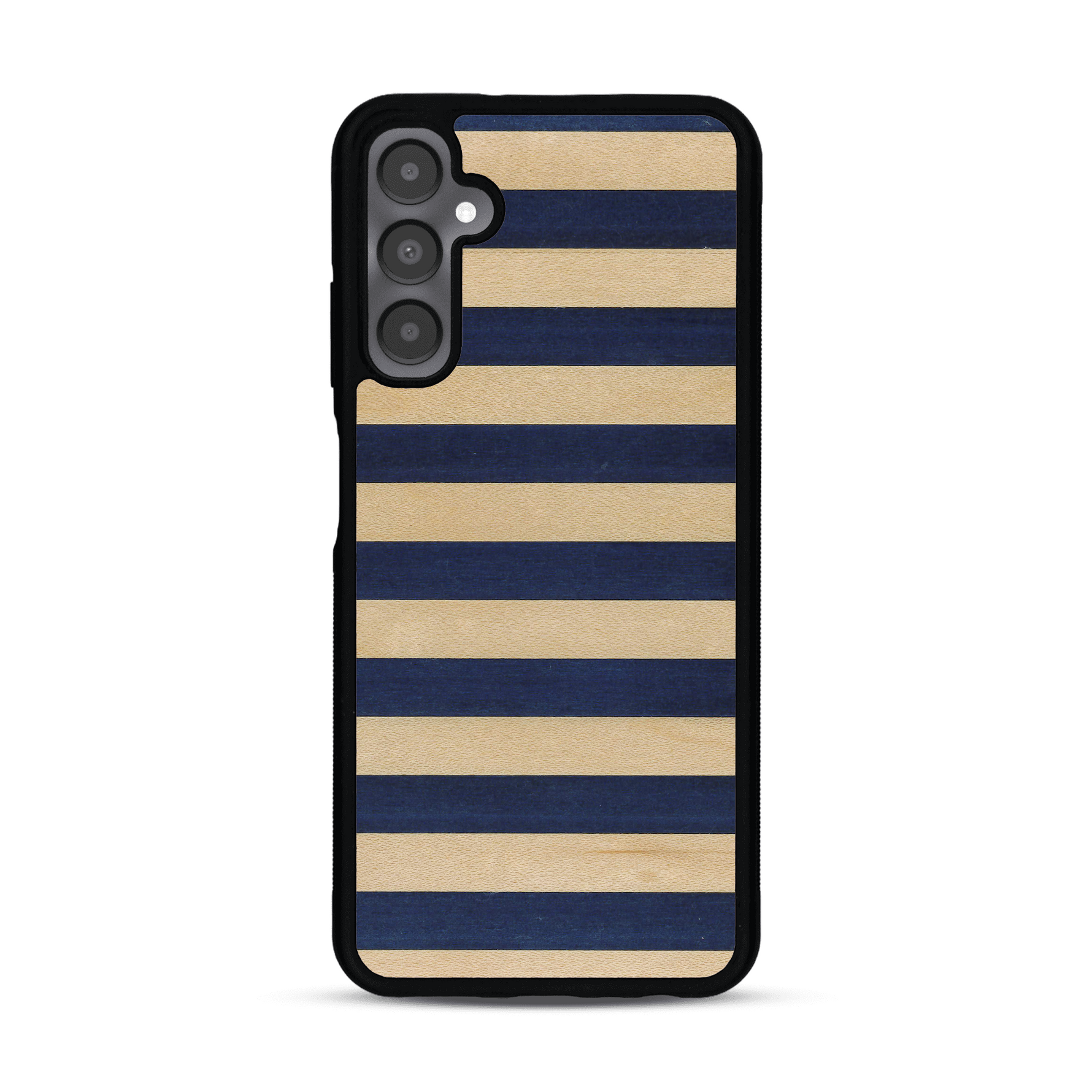 Coque de protection en bois véritable fabriquée en France pour Samsung A05S alliant plusieurs essences de bois pour représenter une marinière