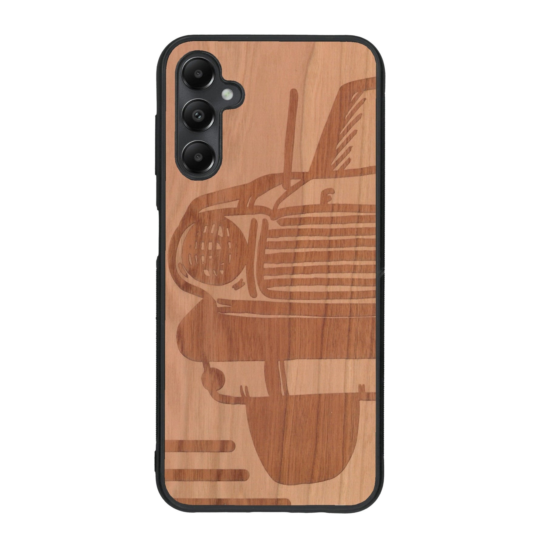 Coque de protection en bois véritable fabriquée en France pour Samsung A05S sur le thème de l'automobile avec une authentique Mustang