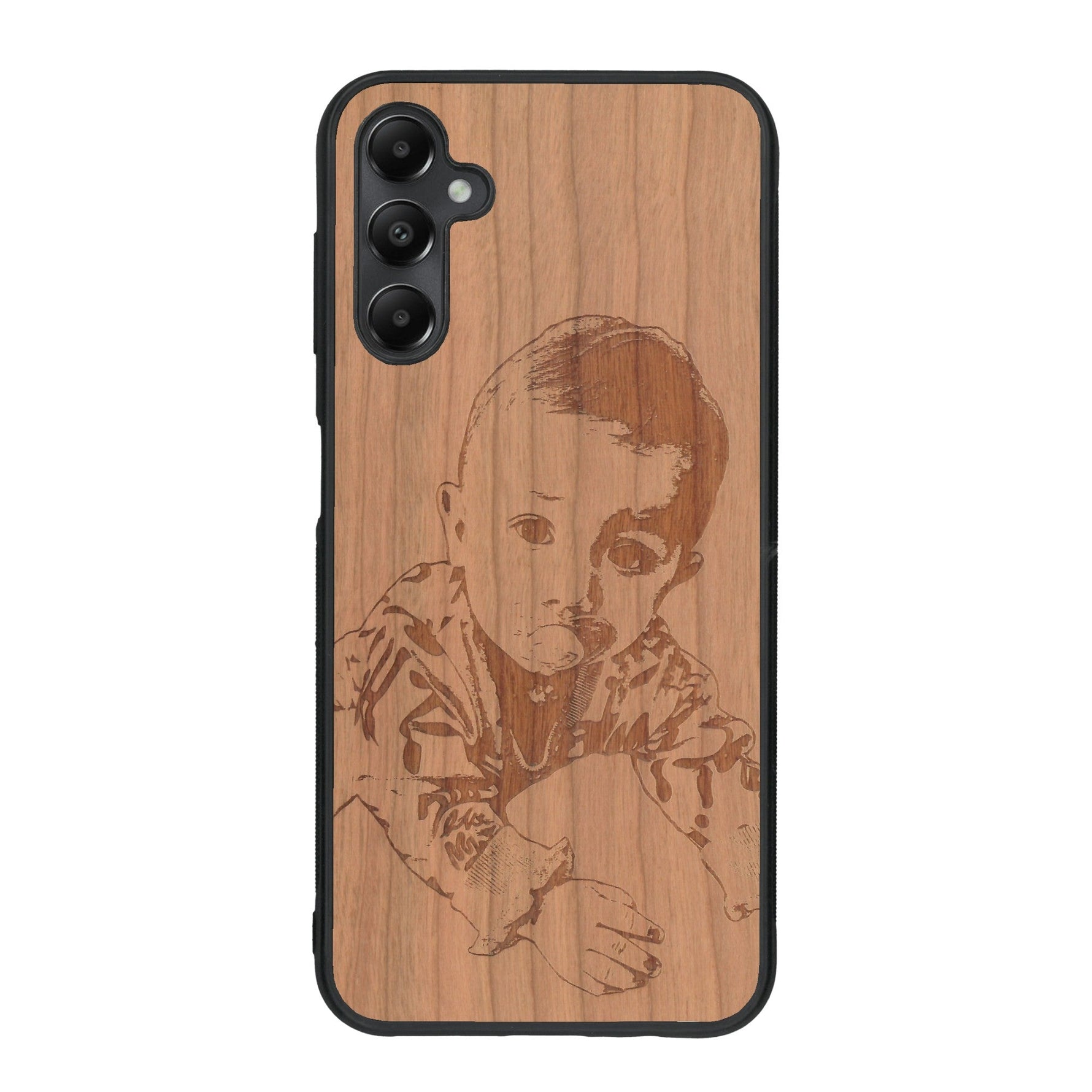Coque de protection en bois véritable fabriquée en France pour Samsung A05S avec gravure personnalisée à partir d'une photo, d'une image, d'un logo, des initials ou d'une phrase