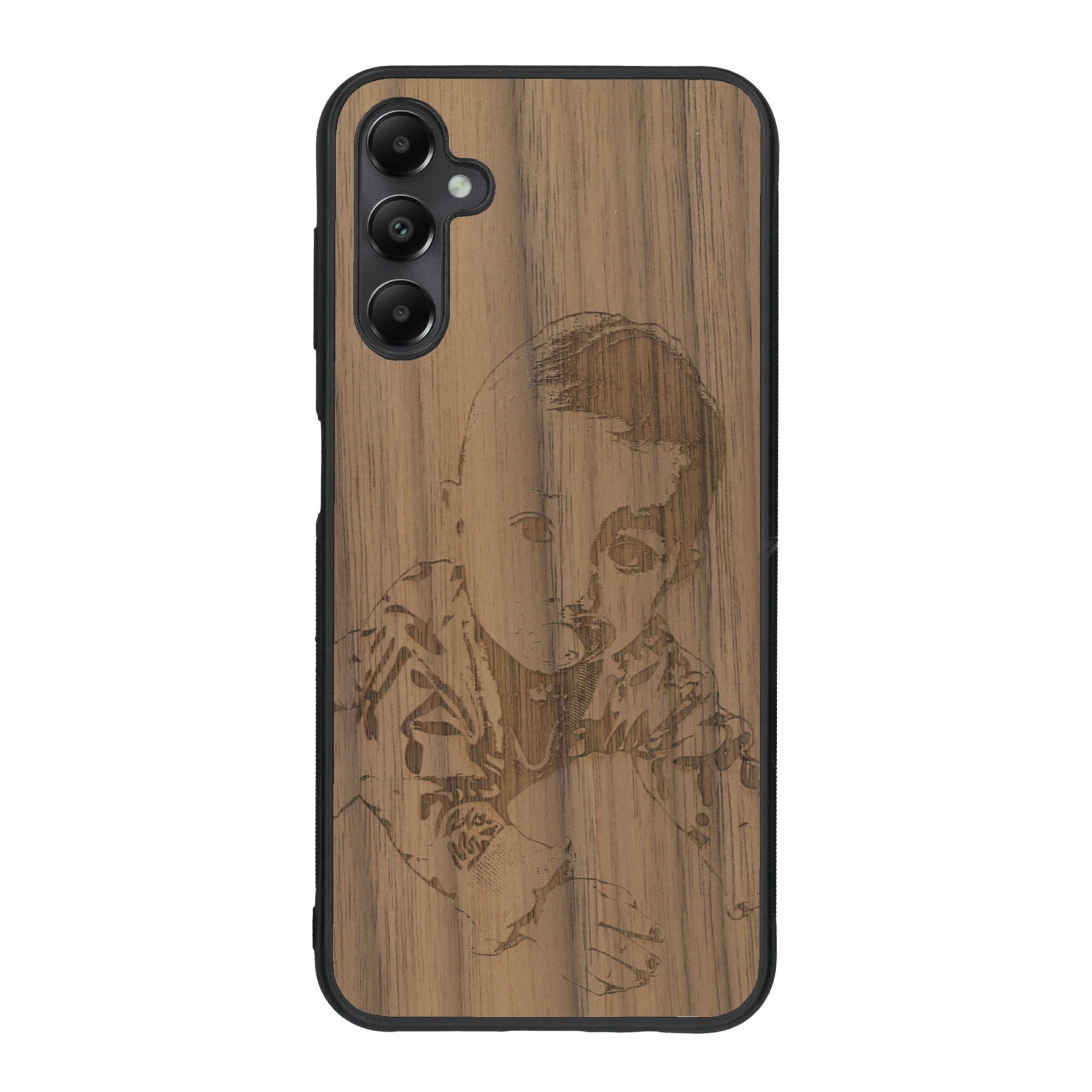 Coque de protection en bois véritable fabriquée en France pour Samsung A05S avec gravure personnalisée à partir d'une photo, d'une image, d'un logo, des initials ou d'une phrase