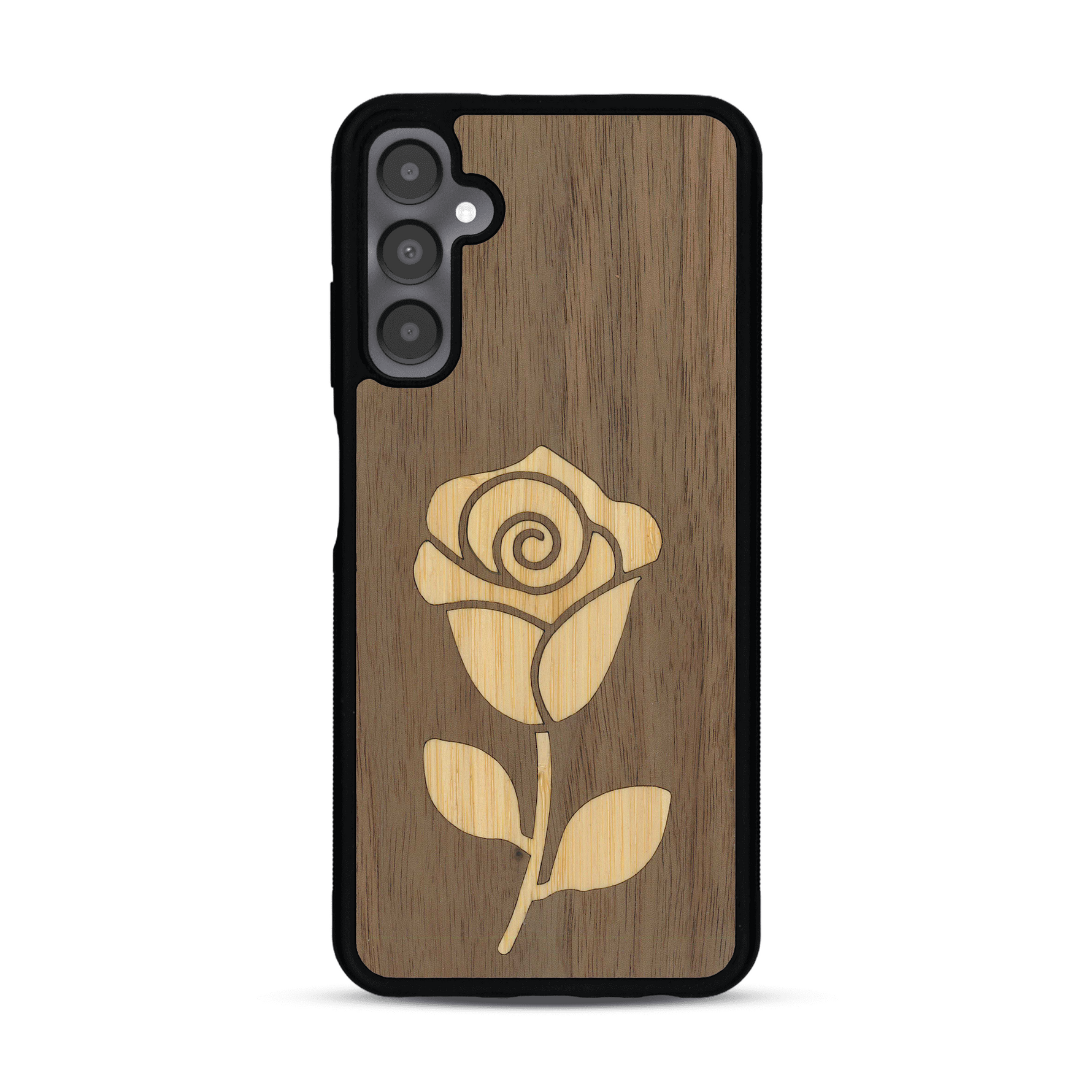 Coque de protection en bois véritable fabriquée en France pour Samsung A05S alliant plusieurs essences de bois pour représenter une rose