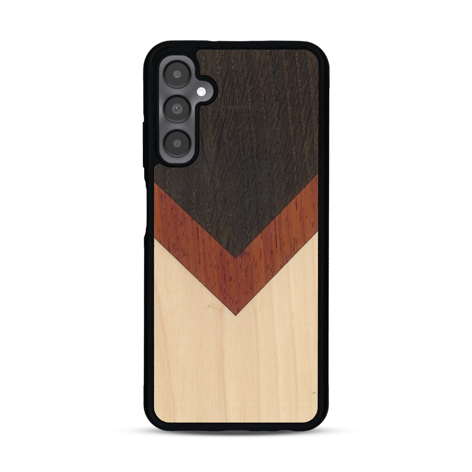 Coque de protection en bois véritable fabriquée en France pour  alliant du chêne fumé, du padouk et du bambou en forme de chevron sur le thème de l'art abstrait
