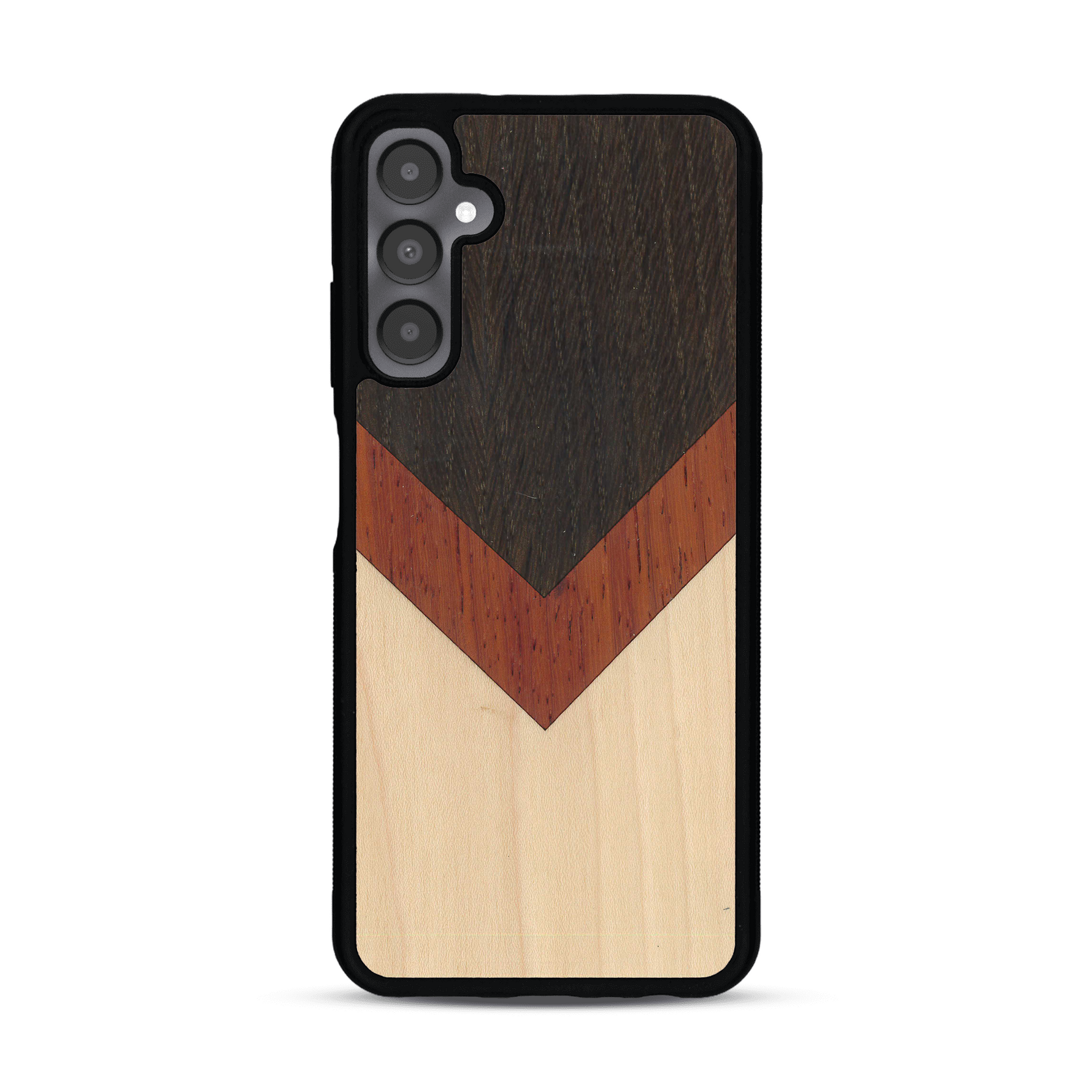 Coque de protection en bois véritable fabriquée en France pour  alliant du chêne fumé, du padouk et du bambou en forme de chevron sur le thème de l'art abstrait