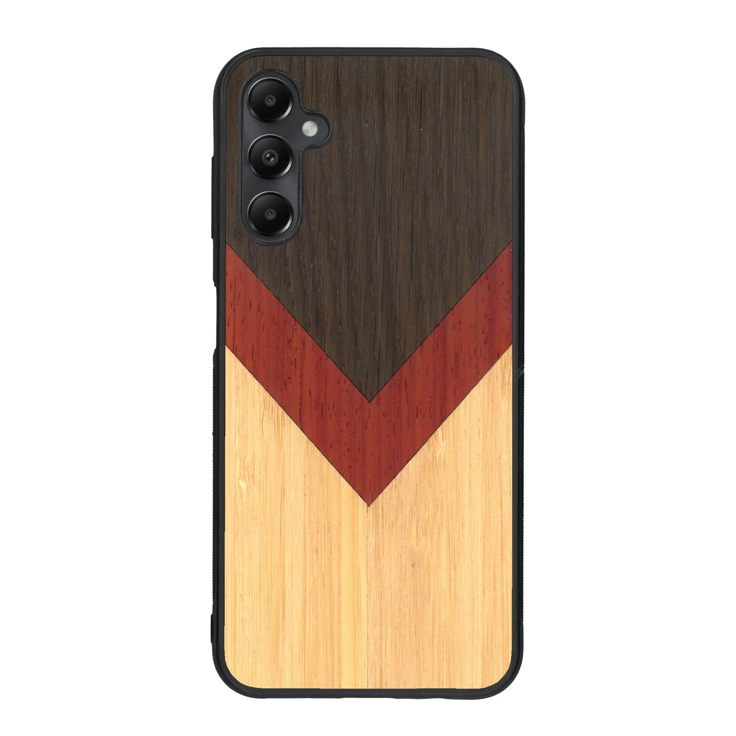 Coque de protection en bois véritable fabriquée en France pour Samsung A05S alliant du chêne fumé, du padouk et du bambou en forme de chevron sur le thème de l'art abstrait