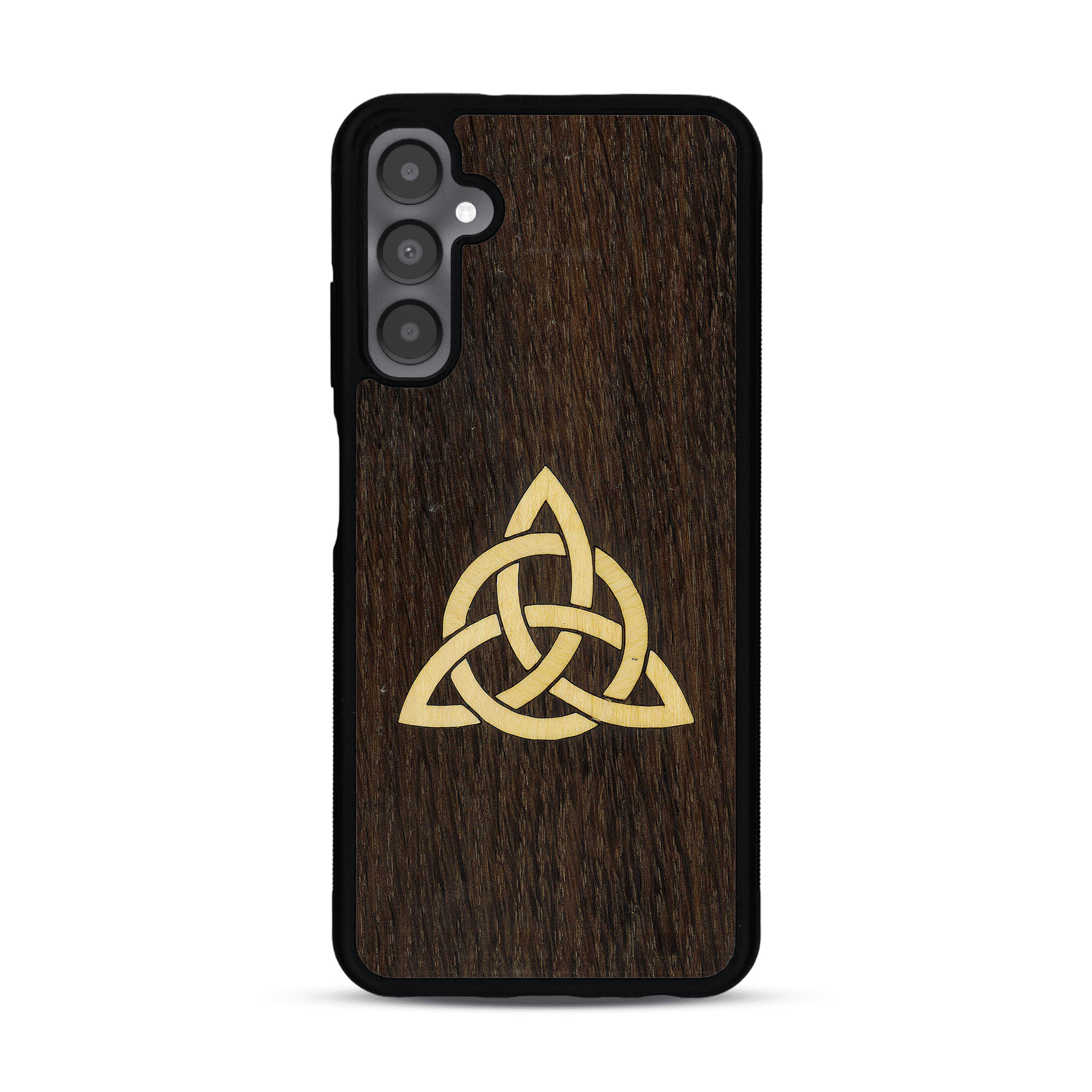 Coque de protection en bois véritable fabriquée en France pour  alliant du chêne fumé et du bambou représentant une triquetra