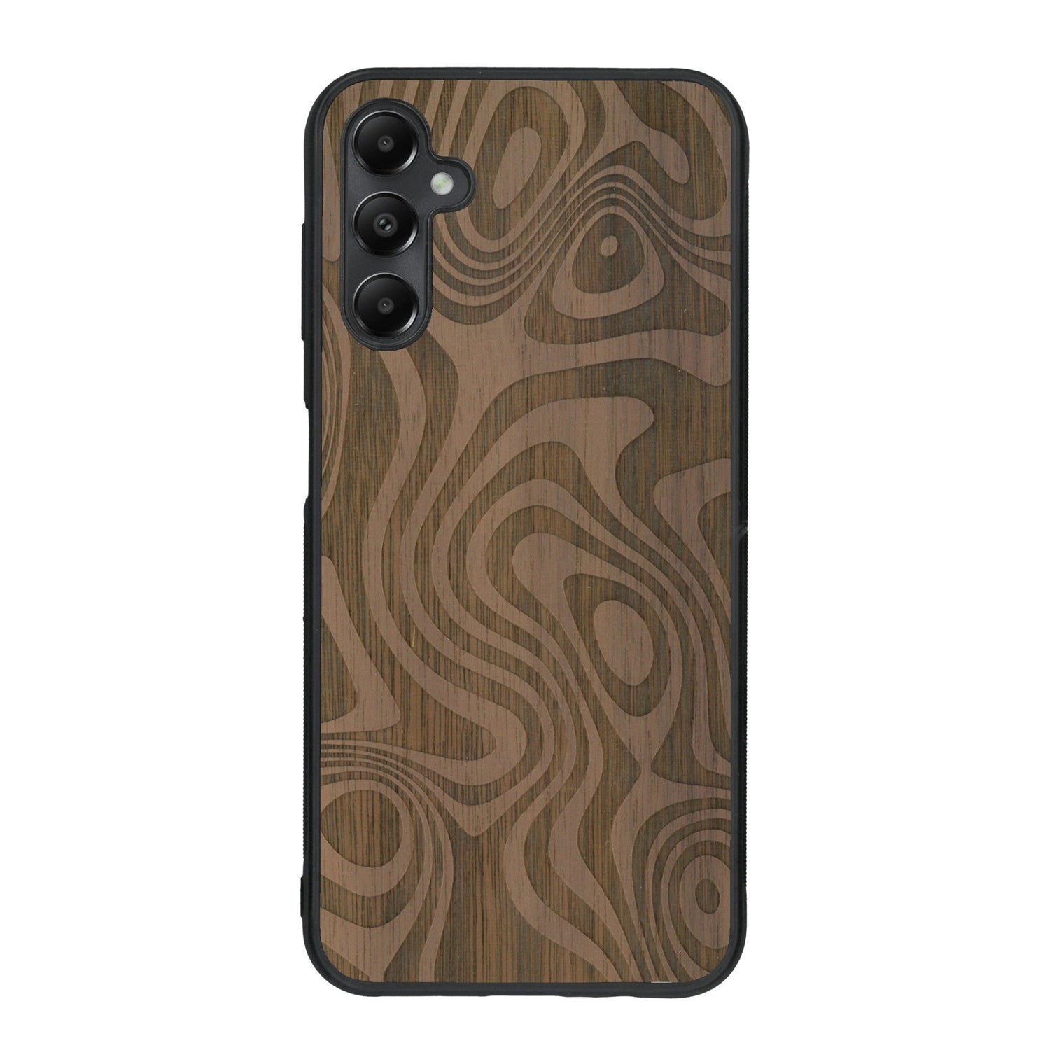 Coque de protection en bois véritable fabriquée en France pour Samsung A05S avec un motif abstrait représentant les mouvements de l'eau