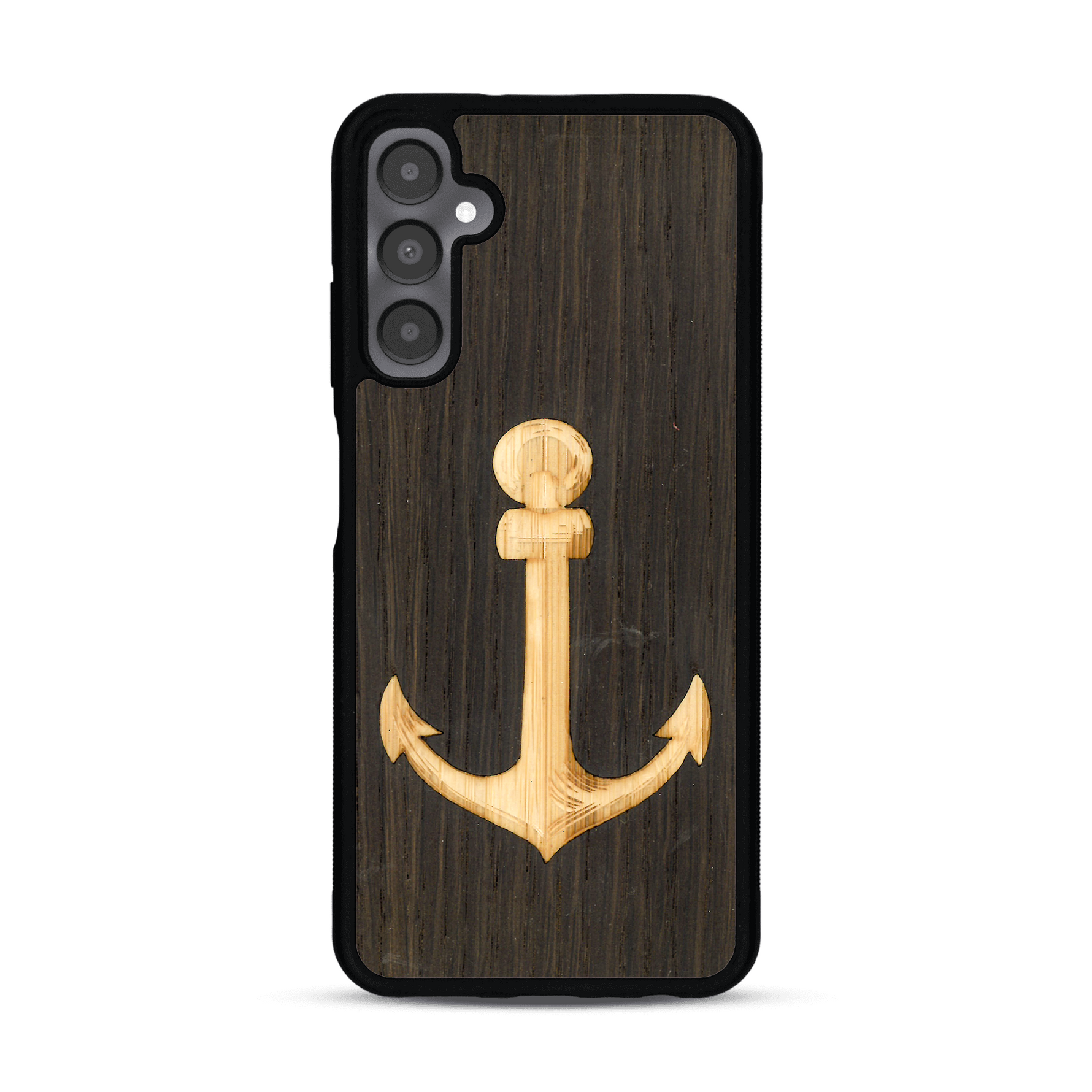 Coque de protection en bois véritable fabriquée en France pour  sur le thème nautique avec un bois clair et un bois foncé représentant une ancre de bateau