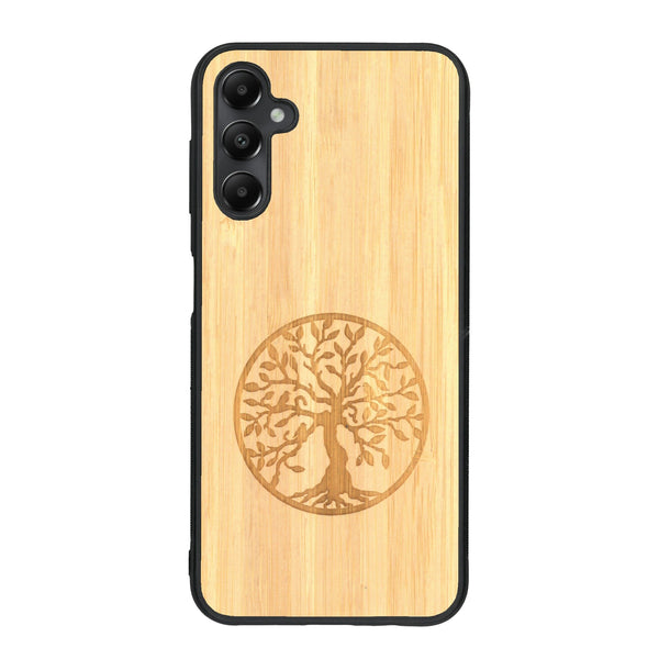 Coque de protection en bois véritable fabriquée en France pour Samsung A05S sur le thème de la spiritualité et du yoga avec une gravure zen représentant un arbre de vie