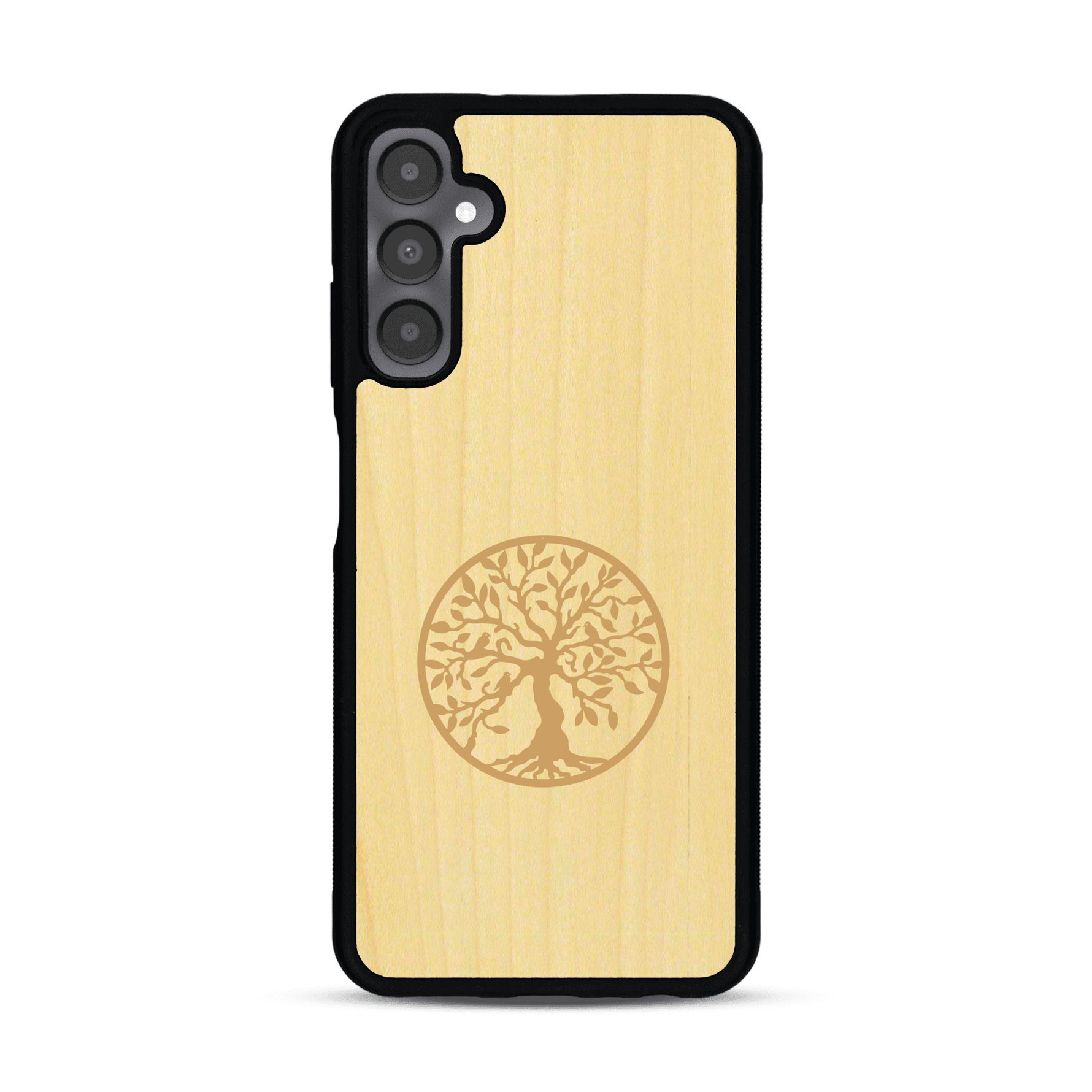Coque de protection en bois véritable fabriquée en France pour  sur le thème de la spiritualité et du yoga avec une gravure zen représentant un arbre de vie