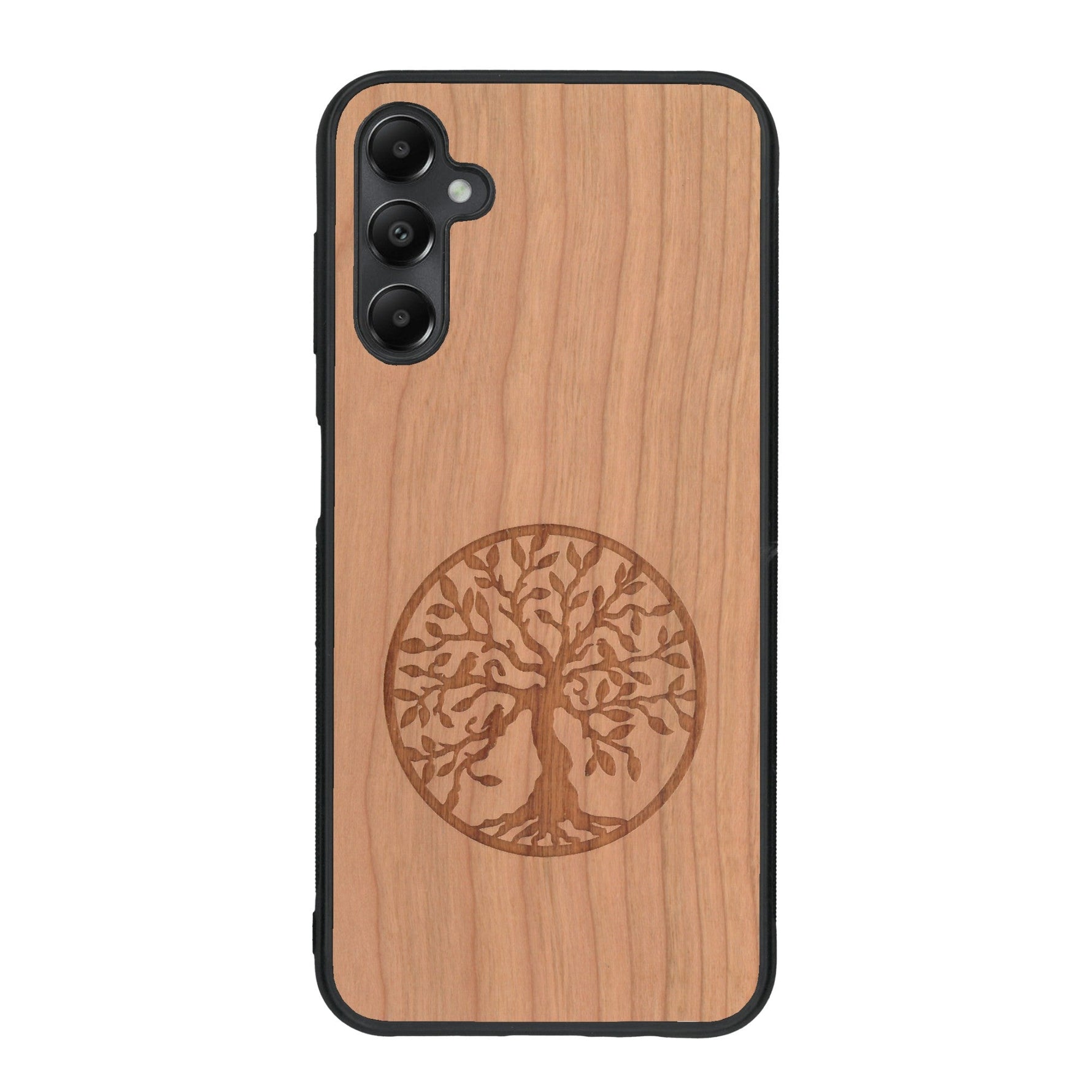 Coque de protection en bois véritable fabriquée en France pour Samsung A05S sur le thème de la spiritualité et du yoga avec une gravure zen représentant un arbre de vie