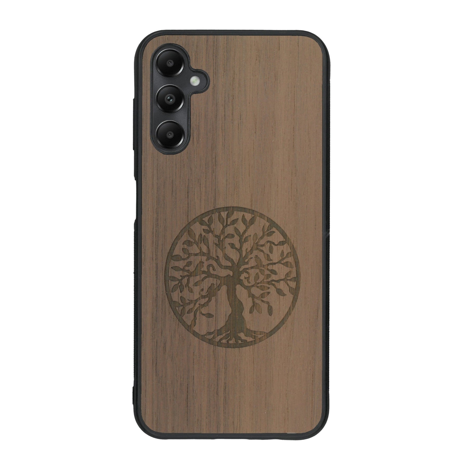 Coque de protection en bois véritable fabriquée en France pour Samsung A05S sur le thème de la spiritualité et du yoga avec une gravure zen représentant un arbre de vie