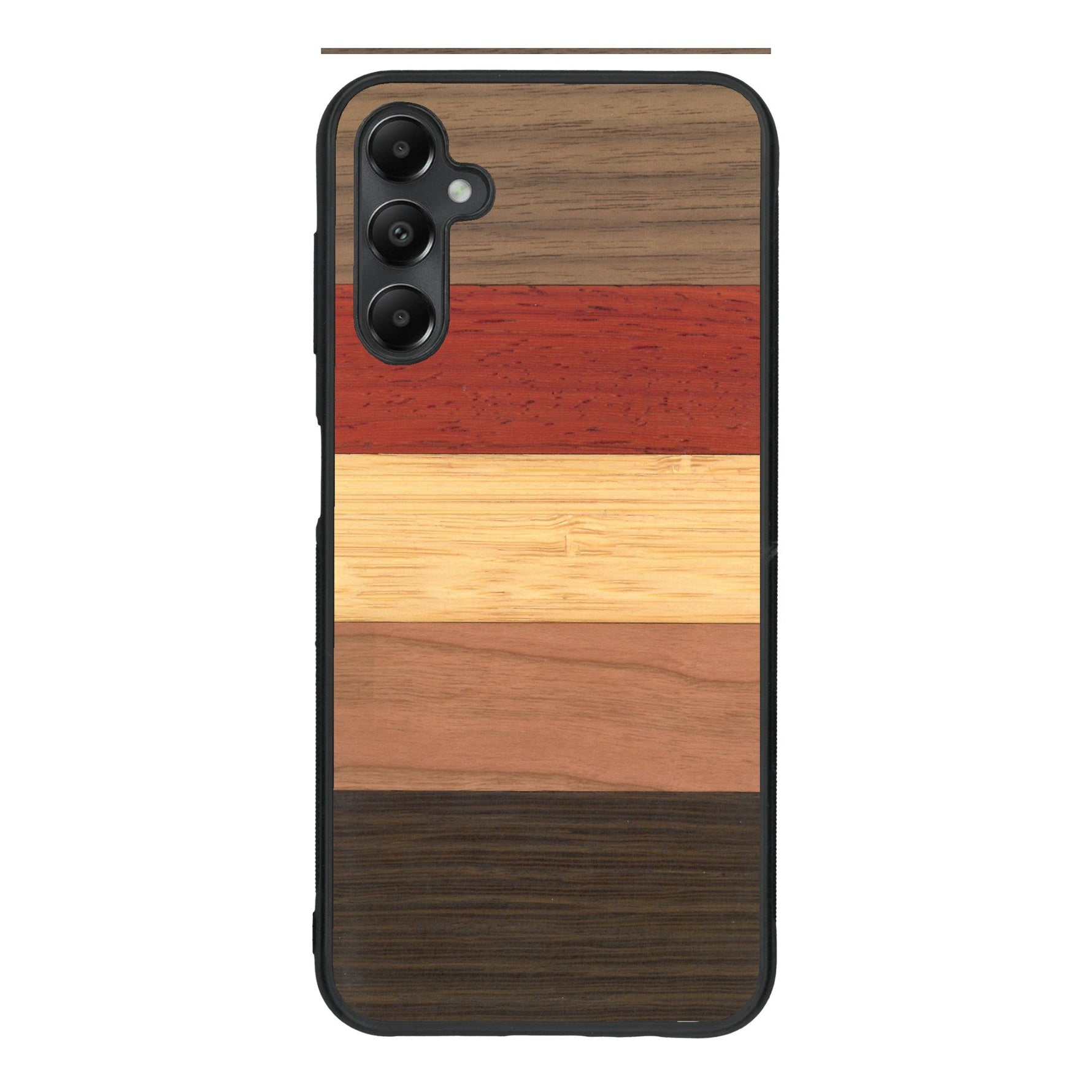 Coque de protection en bois véritable fabriquée en France pour Samsung A05S alliant des bandes horizontales de bambou, merisier, padouk, noyer et chêne fumé