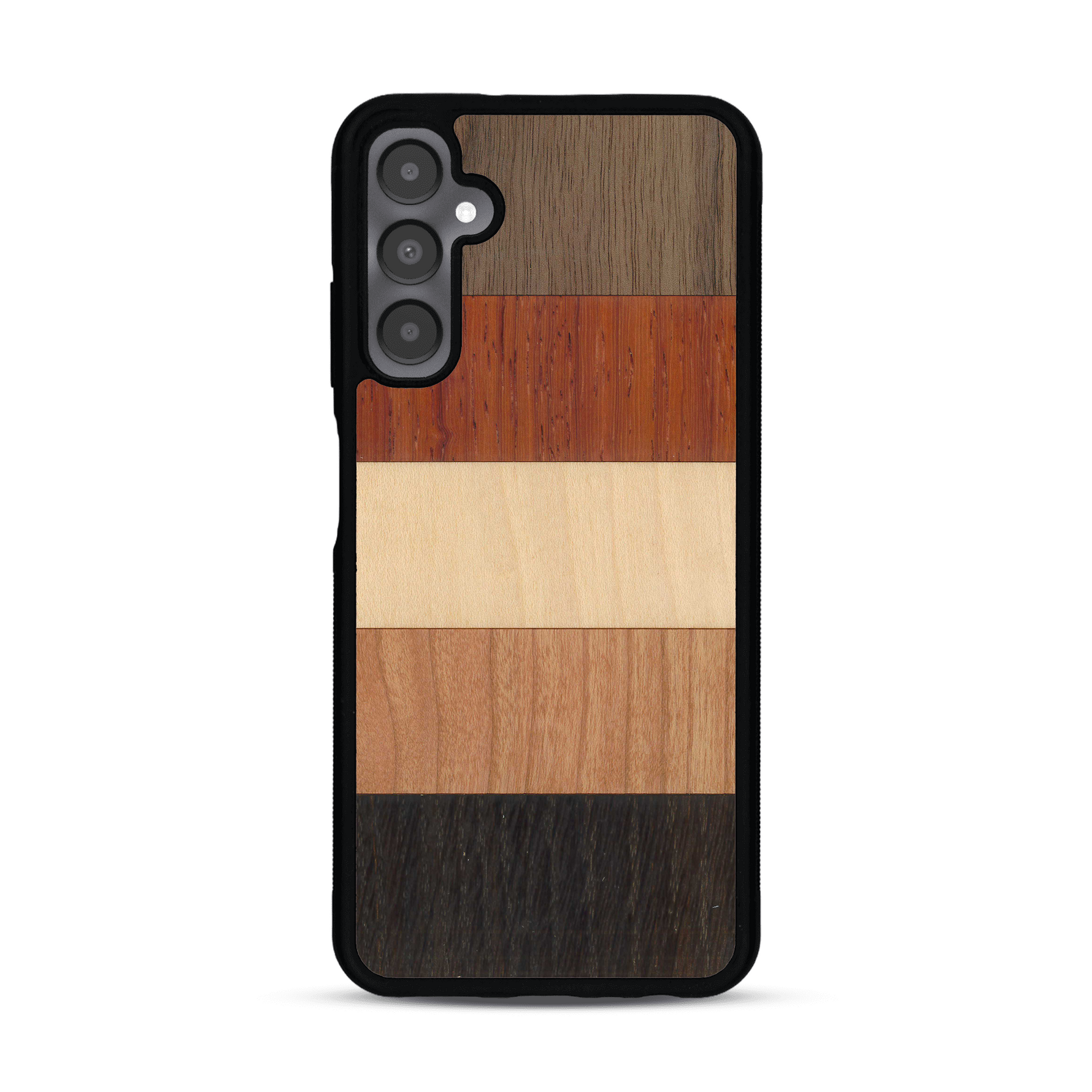 Coque de protection en bois véritable fabriquée en France pour  alliant des bandes horizontales de bambou, merisier, padouk, noyer et chêne fumé