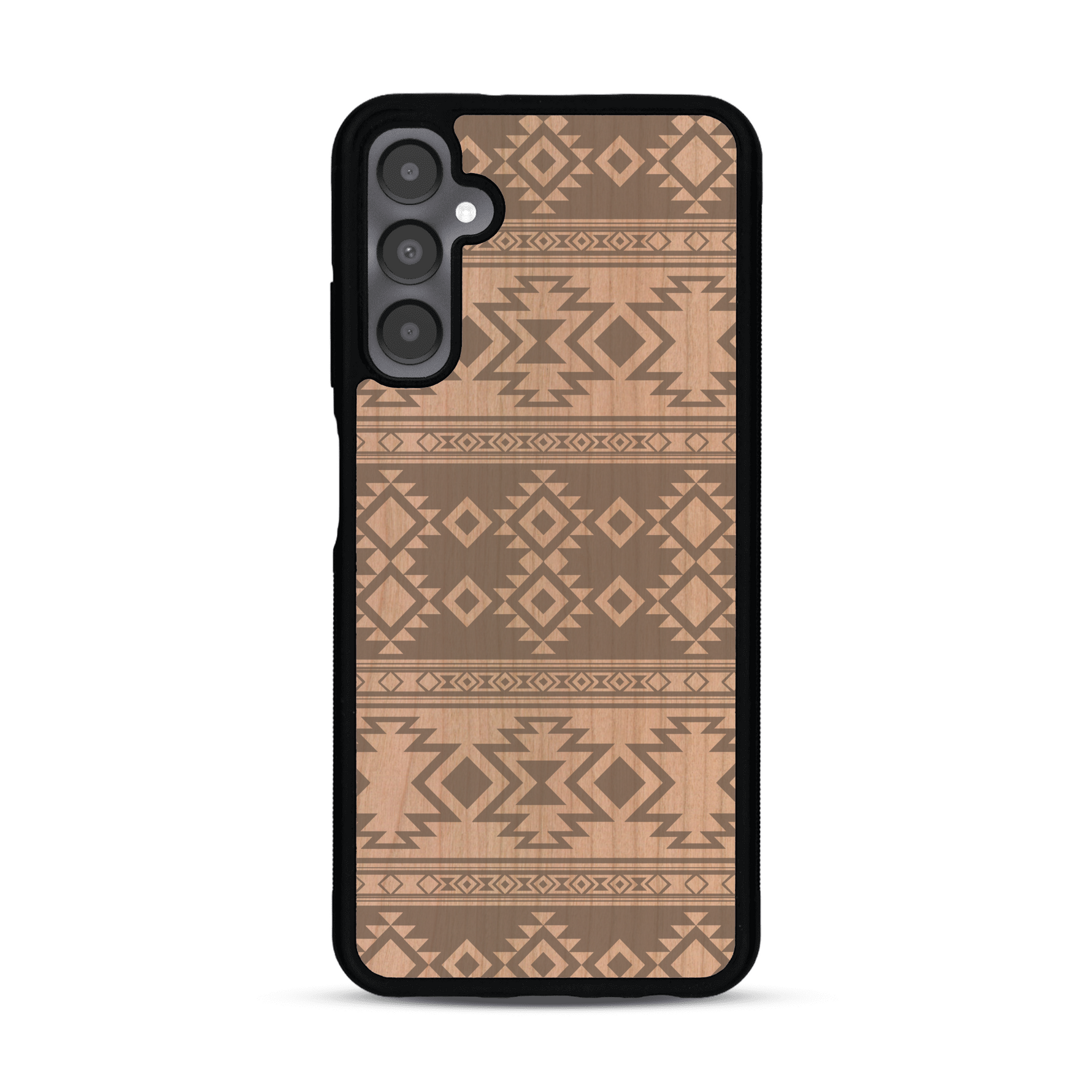 Coque de protection en bois véritable fabriquée en France pour  avec des motifs géométriques s'inspirant des temples aztèques, mayas et incas