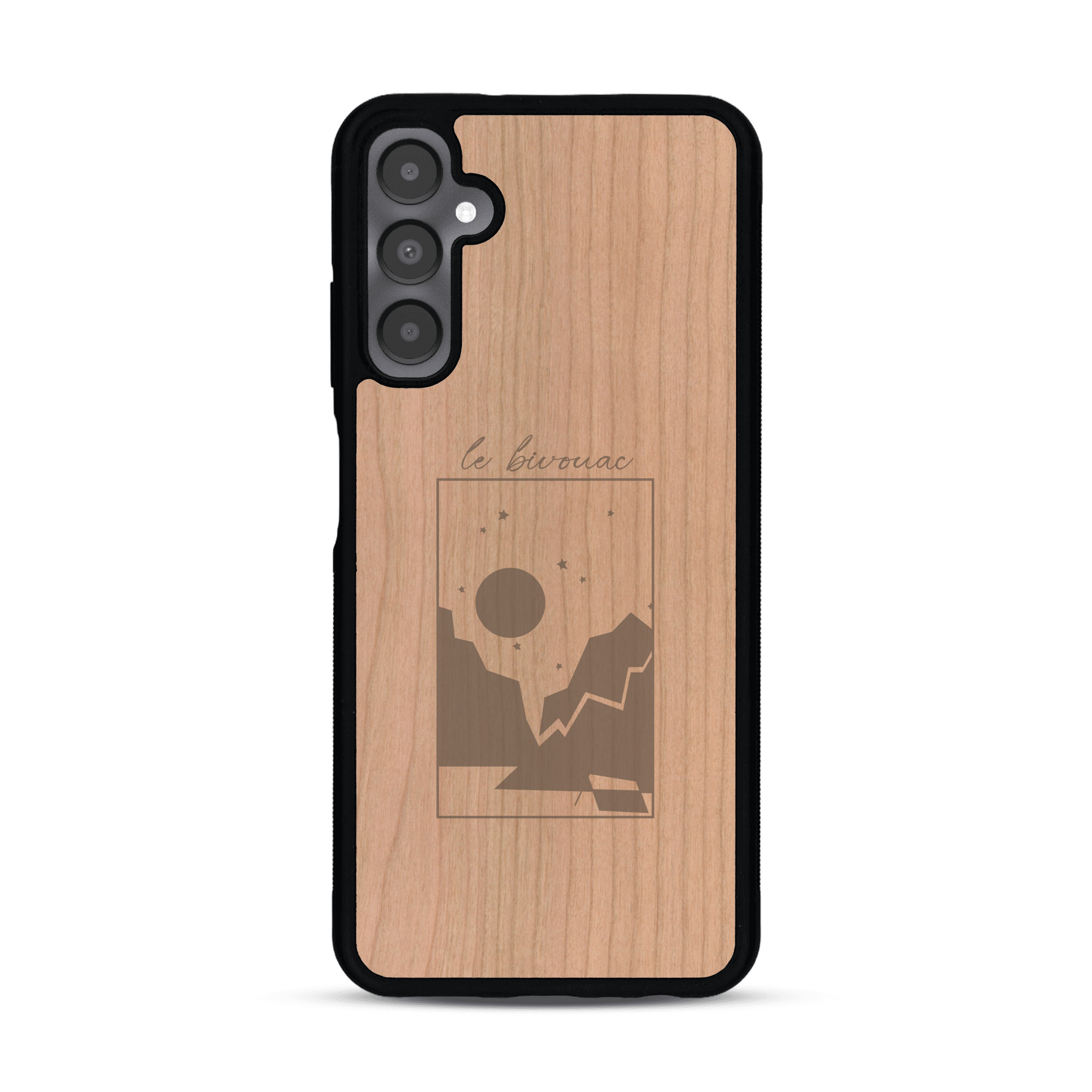 Coque de protection en bois véritable fabriquée en France pour  sur le thème du camping en pleine nature et du bivouac avec la phrase "Aventure is out there"