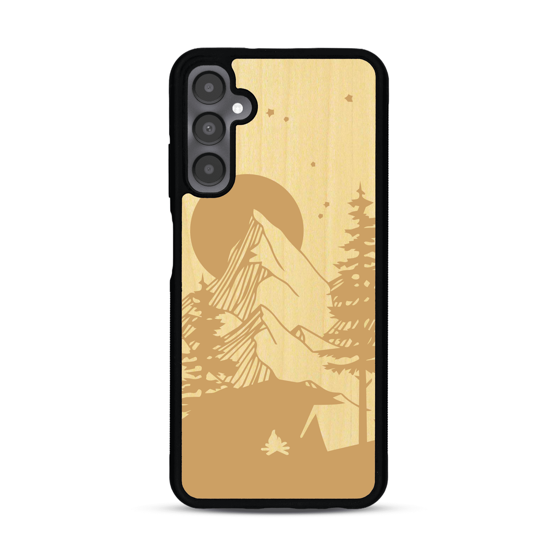 Coque de protection en bois véritable fabriquée en France pour  sur le thème du camping en pleine nature représentant une tente avec un feu de camp entouré de montagnes