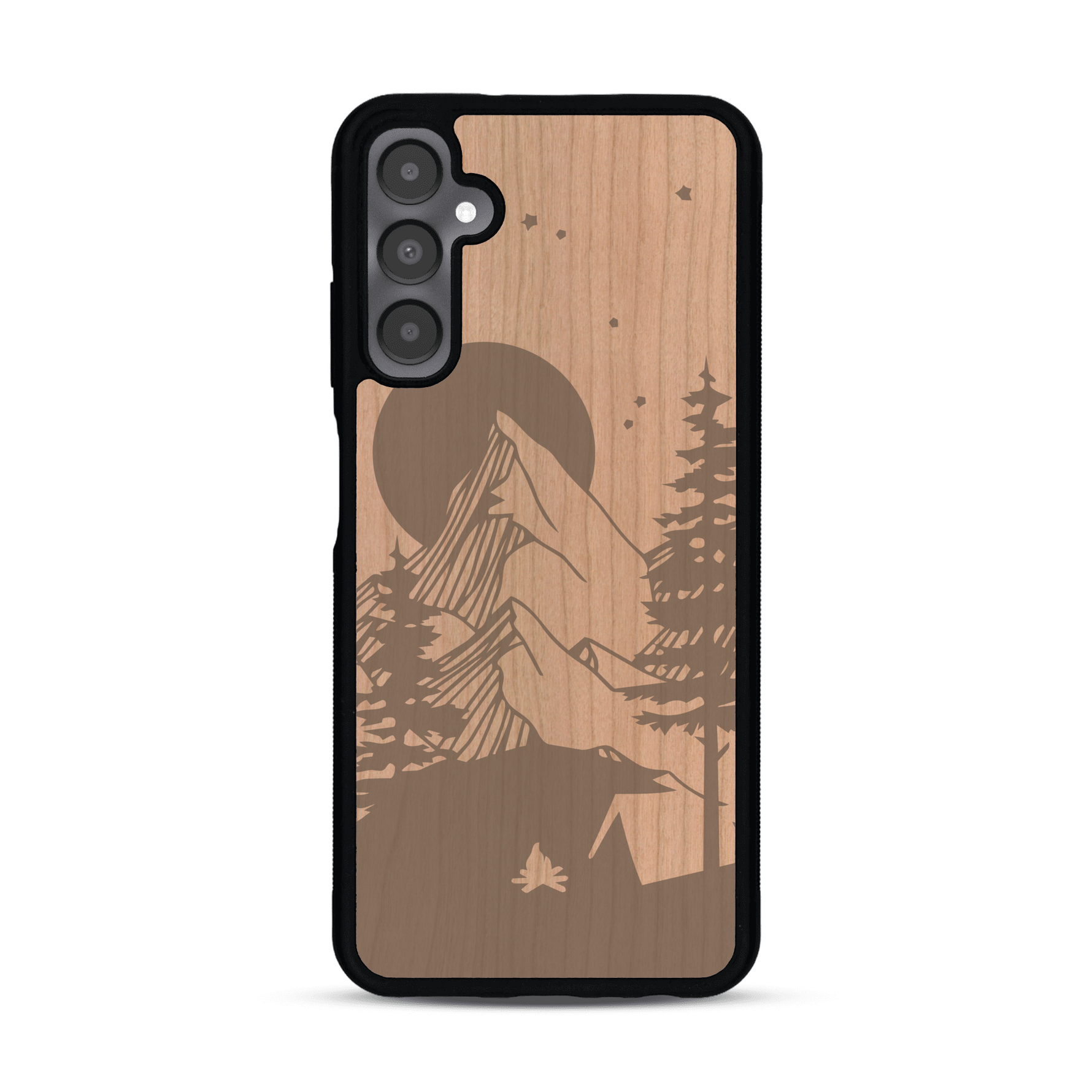Coque de protection en bois véritable fabriquée en France pour  sur le thème du camping en pleine nature représentant une tente avec un feu de camp entouré de montagnes