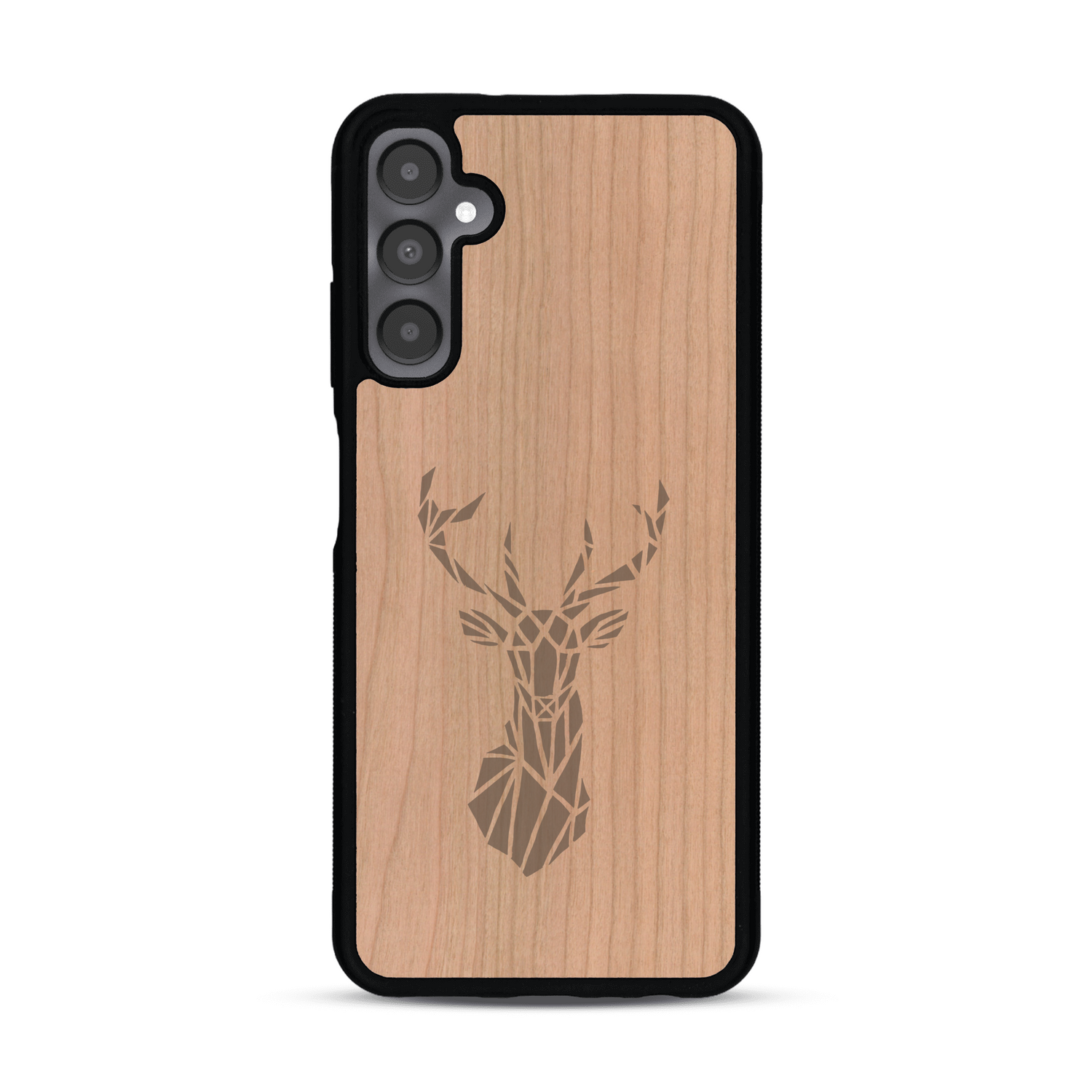 Coque de protection en bois véritable fabriquée en France pour  sur le thème de la nature et des animaux représentant une tête de cerf gométrique avec un design moderne et minimaliste