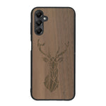 Coque de protection en bois véritable fabriquée en France pour Samsung A05S sur le thème de la nature et des animaux représentant une tête de cerf gométrique avec un design moderne et minimaliste