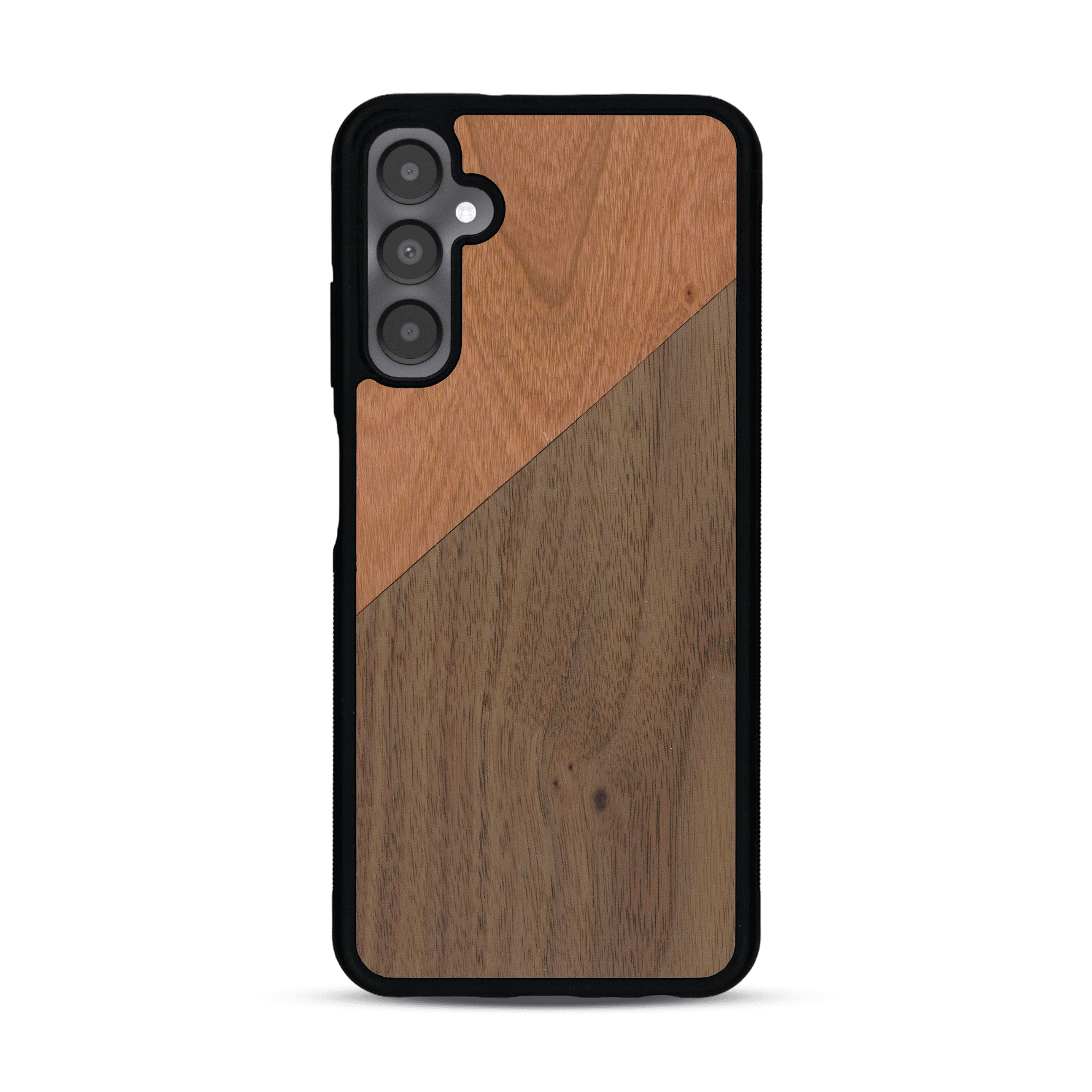 Coque de protection en bois véritable fabriquée en France pour  alliant du merisier et du noyer formant chacun un triangle avec une jointure en diagonale sur le thème de l'art abstrait