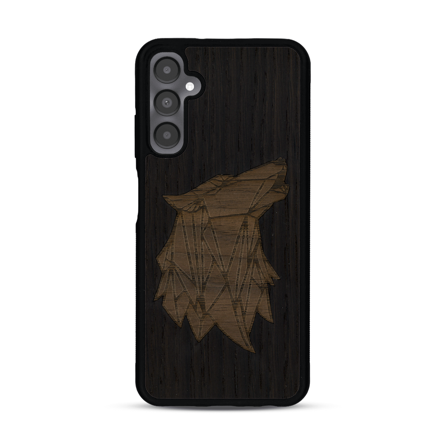 Coque de protection en bois véritable fabriquée en France pour  alliant du chêne fumé et du noyer représentant une tête de loup géométrique de profil sur le thème des animaux et de la nature