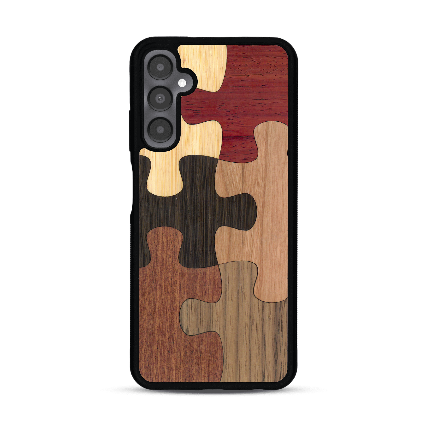 Coque de protection en bois véritable fabriquée en France pour  représentant un puzzle en six pièces qui allie du chêne fumé, du noyer, du bambou, du padouk, du merisier et de l'acajou