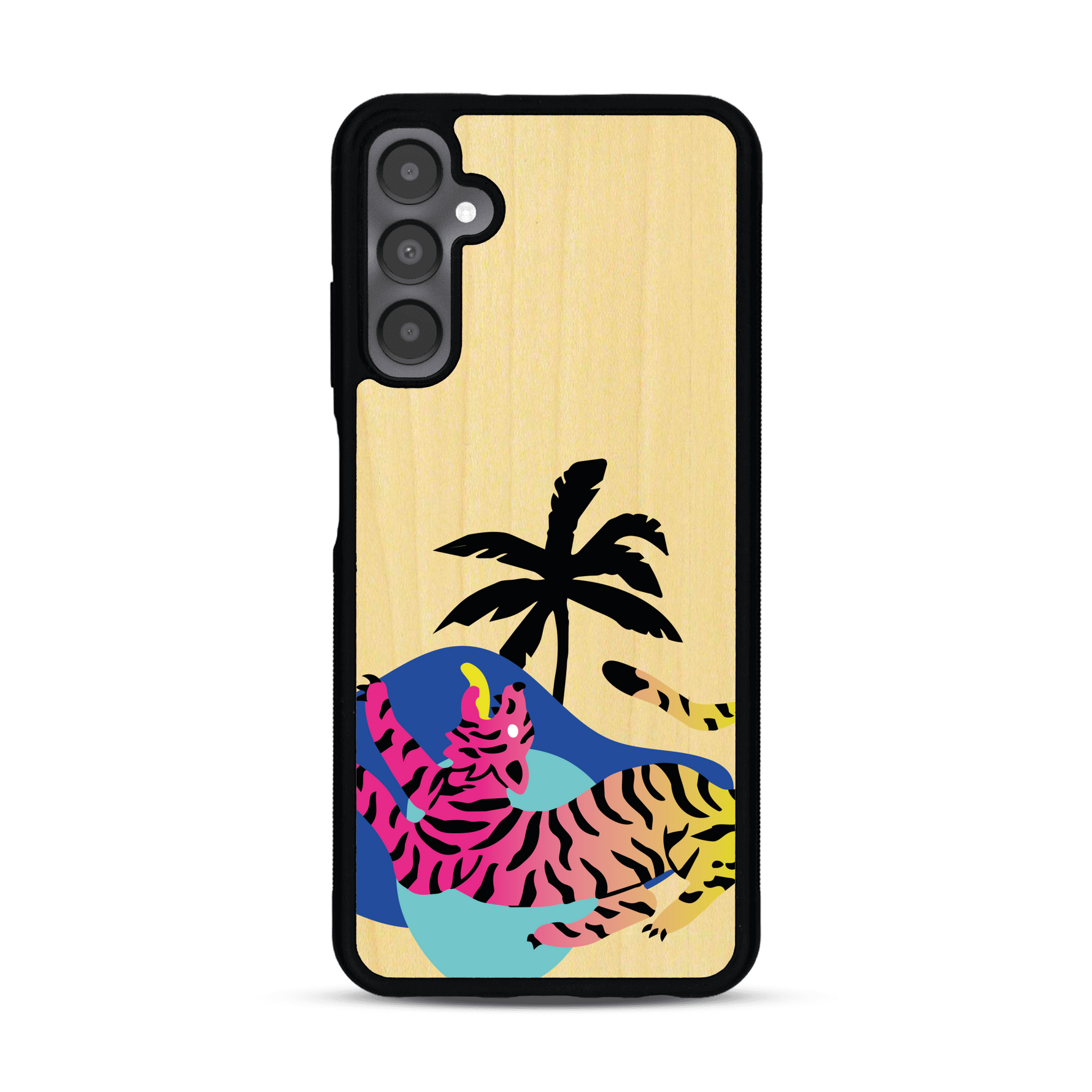 Coque de protection en bois véritable fabriquée en France pour Samsung A05S représentant un tigre coloré avec un design moderne et minimaliste sur le thème de la jungle et de la nature