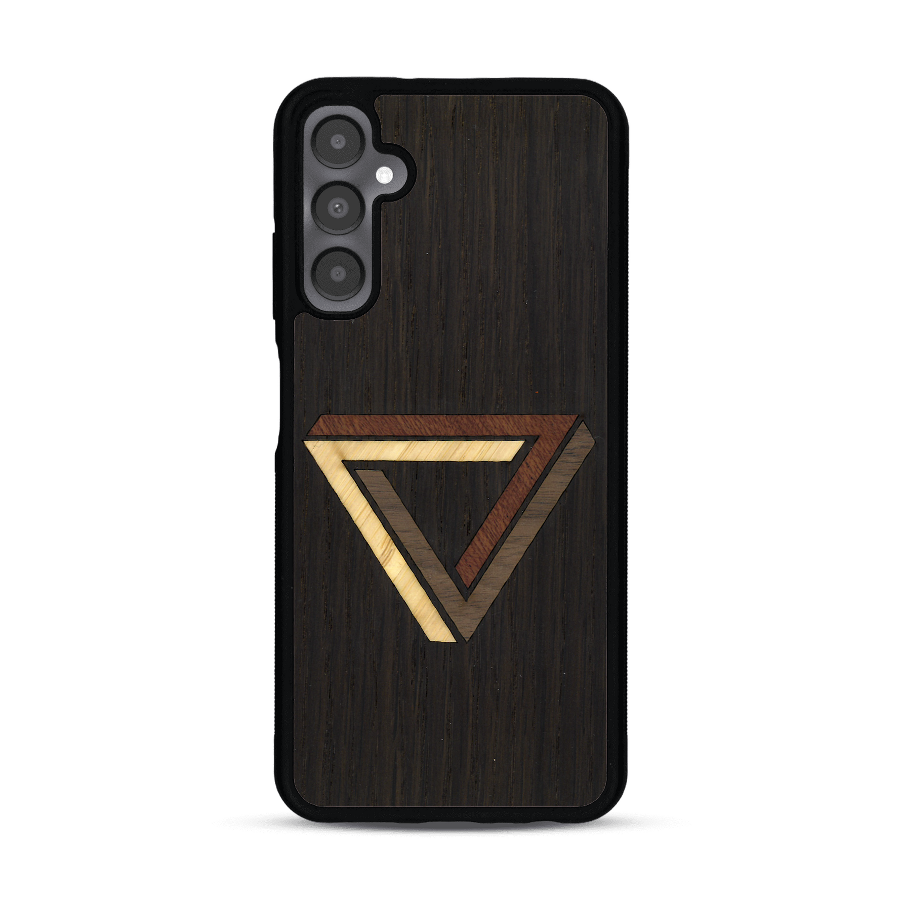 Coque de protection en bois véritable fabriquée en France pour  sur le thème de l'art géométrique qui allie du chêne fumé, du noyer, du bambou et du padouk représentant le triangle de penrose