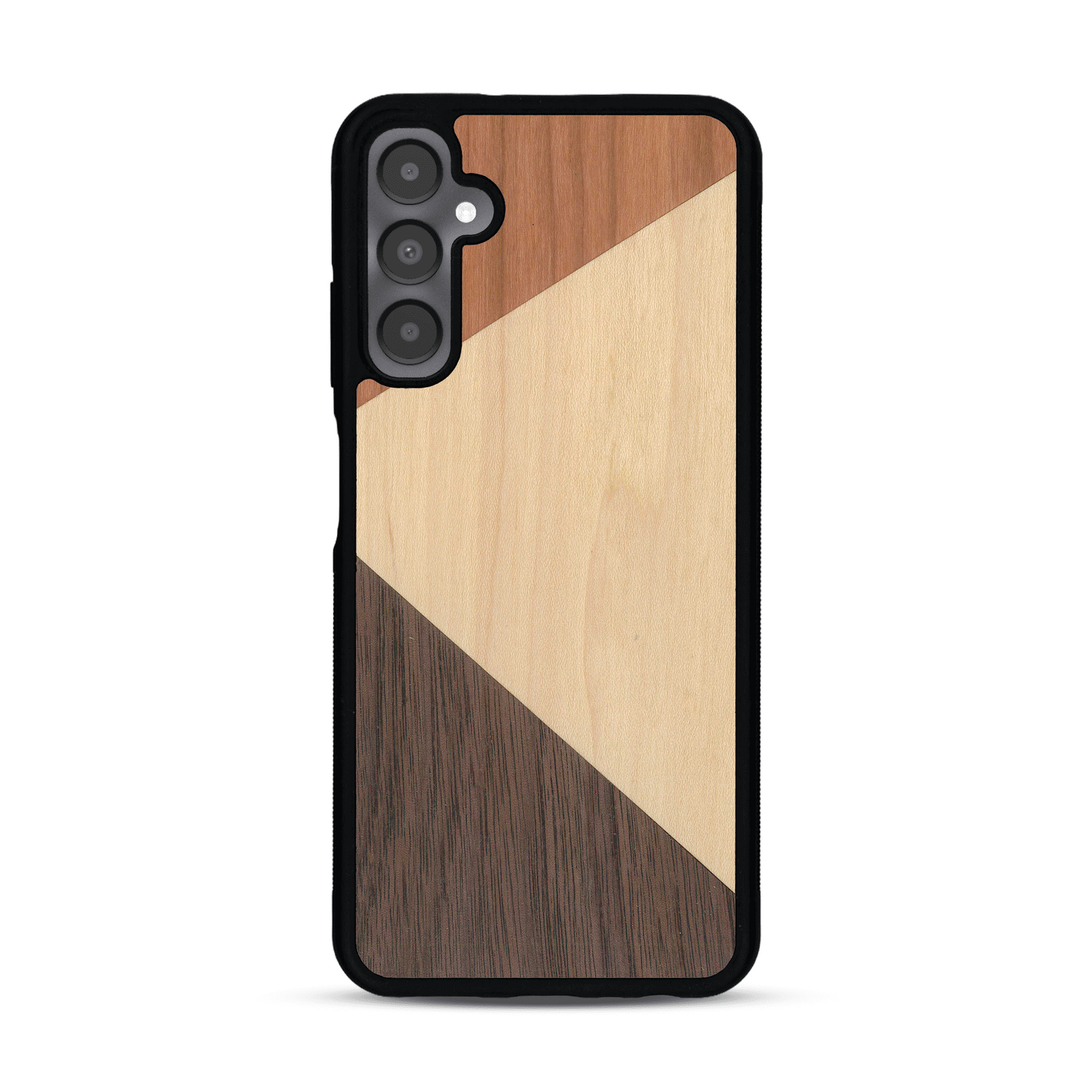 Coque de protection en bois véritable fabriquée en France pour  alliant du merisier, du noyer et du bambou formant chacun deux triangles et un trapèze avec deux jointures en diagonale sur le thème de l'art abstrait