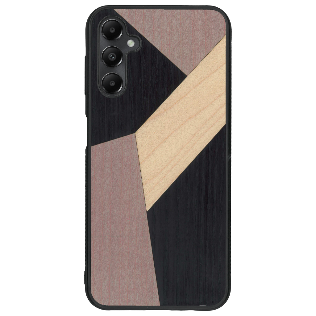 Coque de protection en bois véritable fabriquée en France pour Samsung A05S alliant du bambou, du tulipier mauve et noir en forme de mosaïque minimaliste sur le thème de l'art abstrait