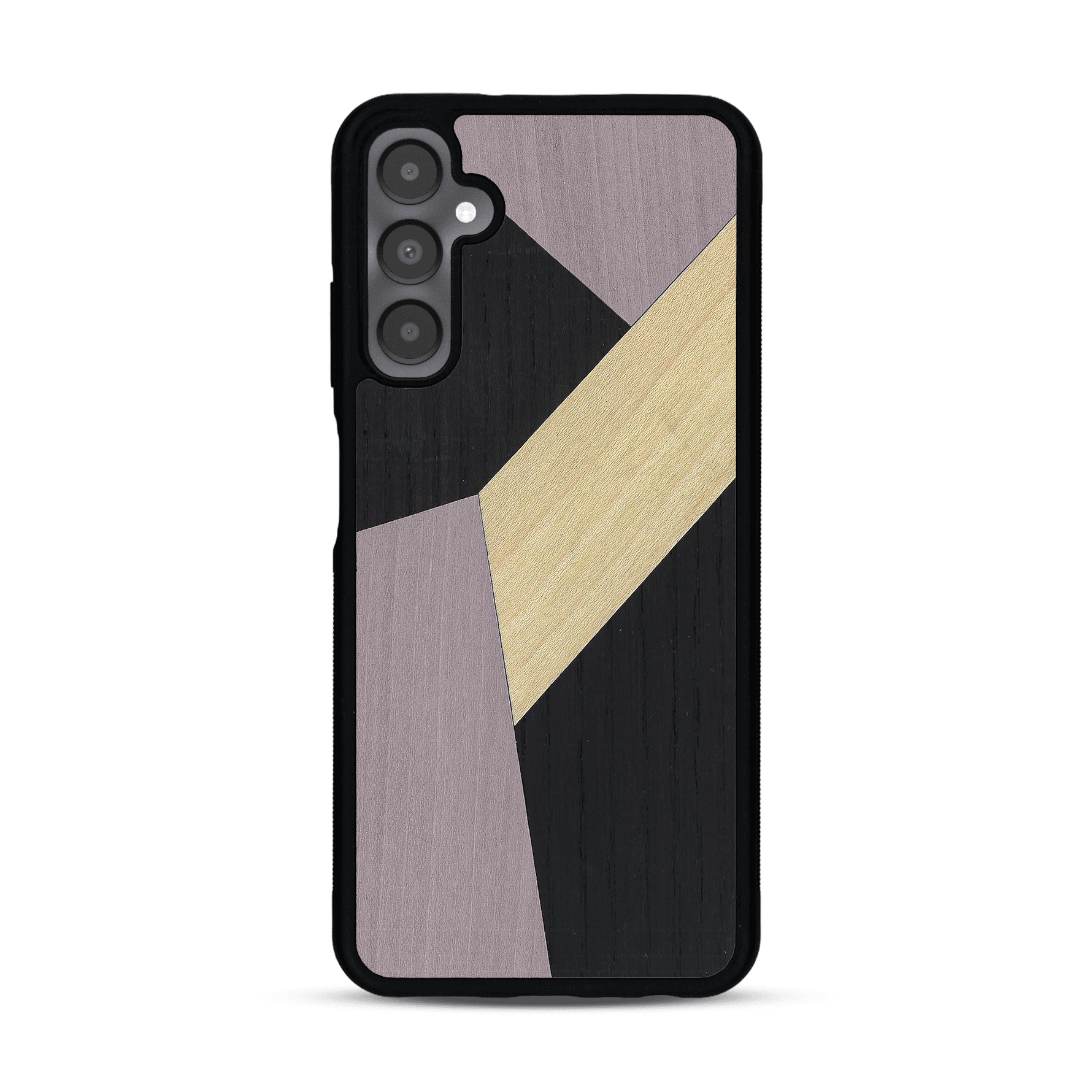 Coque de protection en bois véritable fabriquée en France pour  alliant du bambou, du tulipier mauve et noir en forme de mosaïque minimaliste sur le thème de l'art abstrait