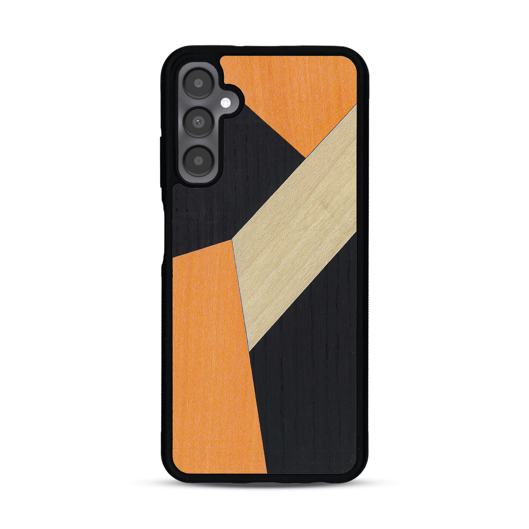 Coque de protection en bois véritable fabriquée en France pour Samsung A05S alliant du bambou, du tulipier orange et noir en forme de mosaïque minimaliste sur le thème de l'art abstrait