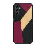 Coque de protection en bois véritable fabriquée en France pour Samsung A05S alliant du bambou, du tulipier rose et noir en forme de mosaïque minimaliste sur le thème de l'art abstrait