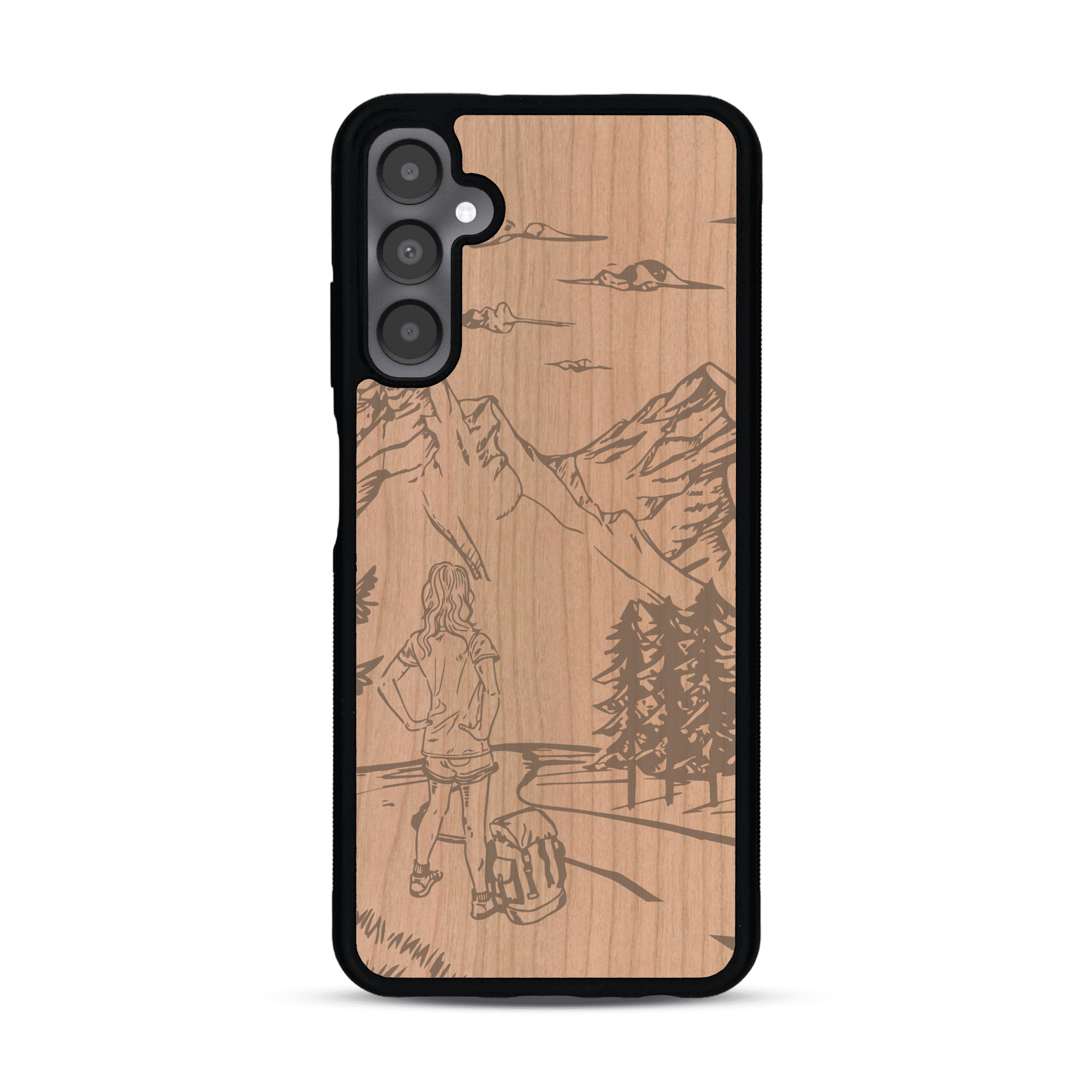 Coque de protection en bois véritable fabriquée en France pour  sur le thème de la randonnée en montagne et de l'aventure avec une gravure représentant une femme de dos face à un paysage de nature
