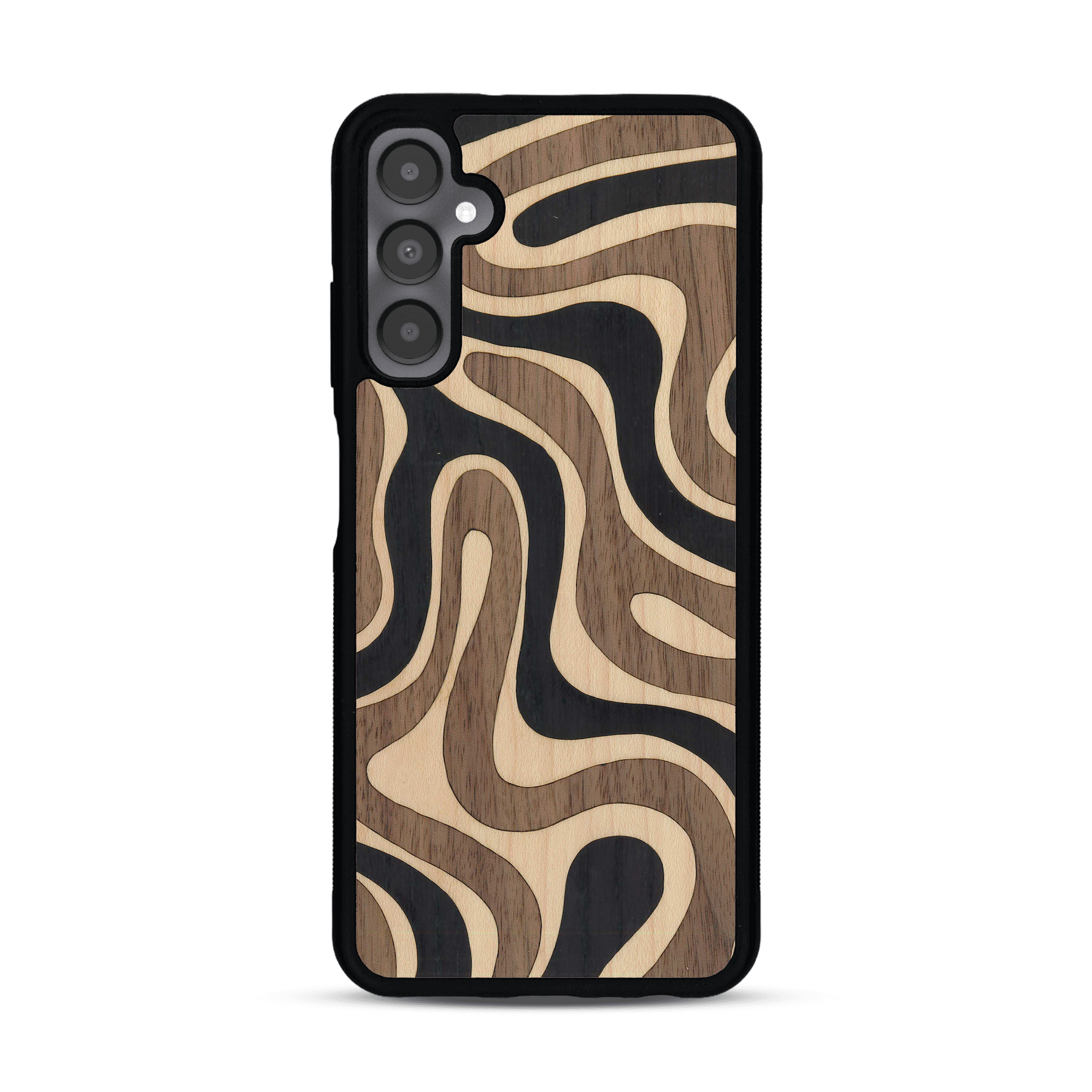 Coque de protection en bois véritable fabriquée en France pour Samsung A05S alliant plusieurs essences de bois pour représenter une ondulation