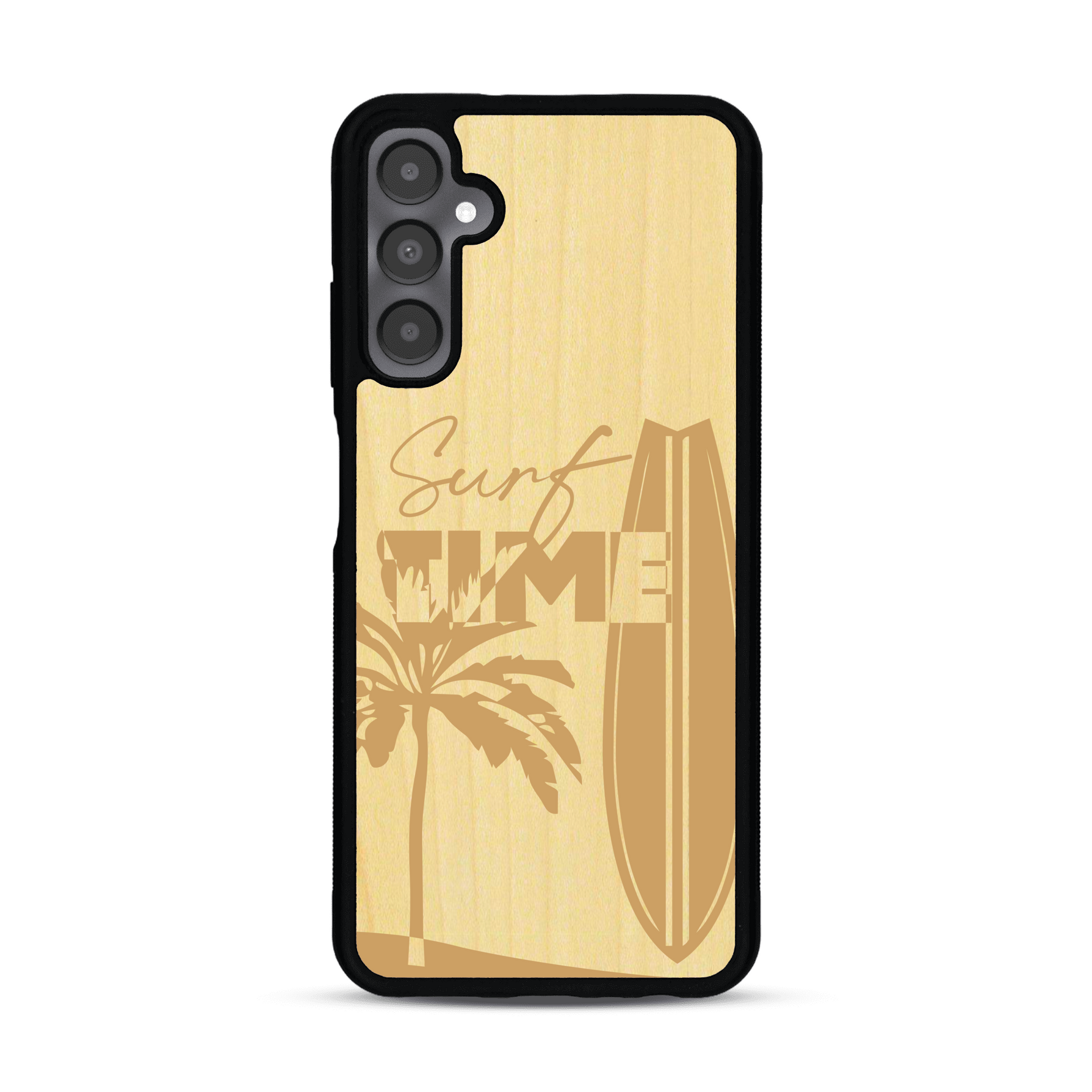 Coque de protection en bois véritable fabriquée en France pour  sur le thème chill avec un motif représentant une silouhette tenant une planche de surf sur une plage entouré de palmiers et les mots "Surf Time Long Beach Miami"