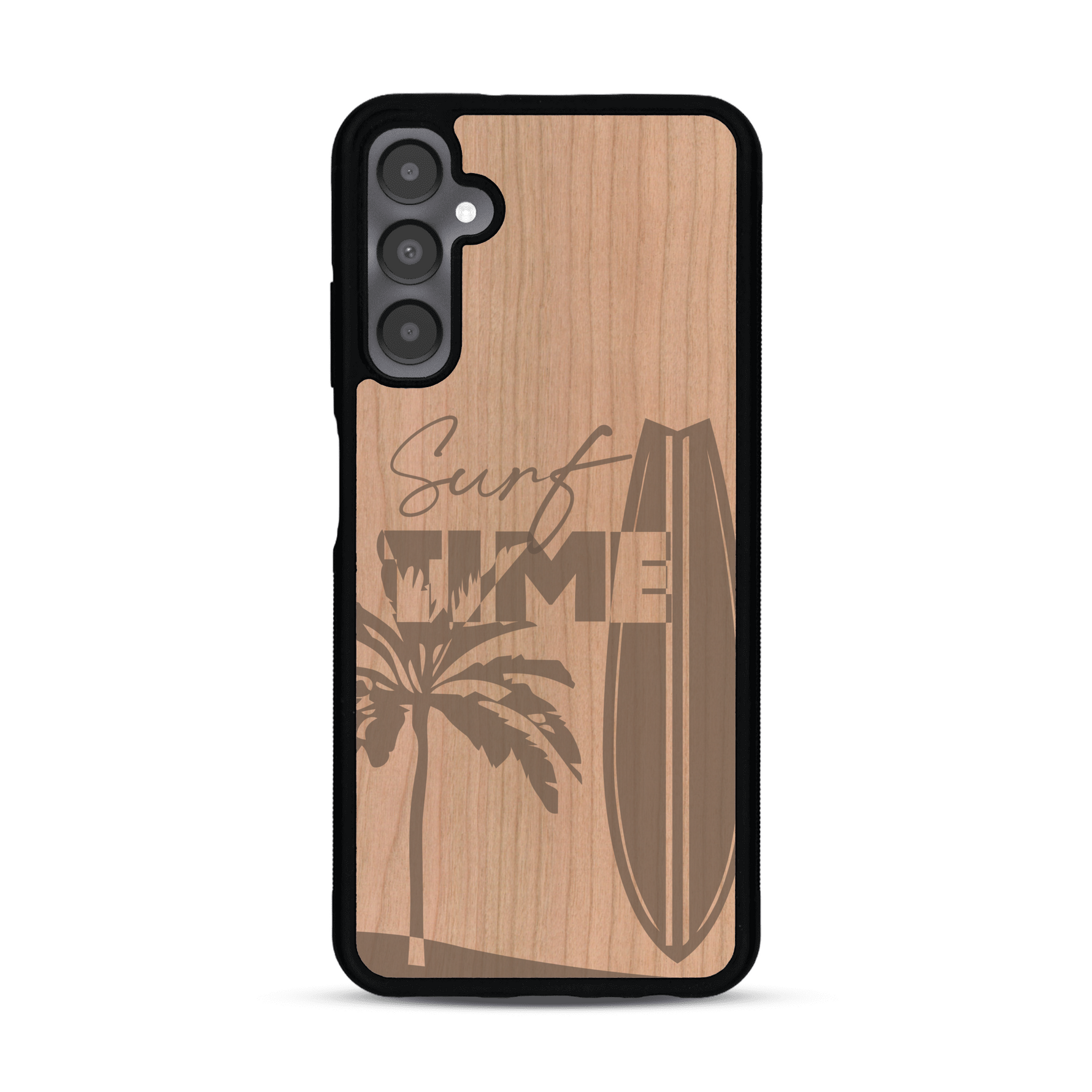 Coque de protection en bois véritable fabriquée en France pour  sur le thème chill avec un motif représentant une silouhette tenant une planche de surf sur une plage entouré de palmiers et les mots "Surf Time Long Beach Miami"