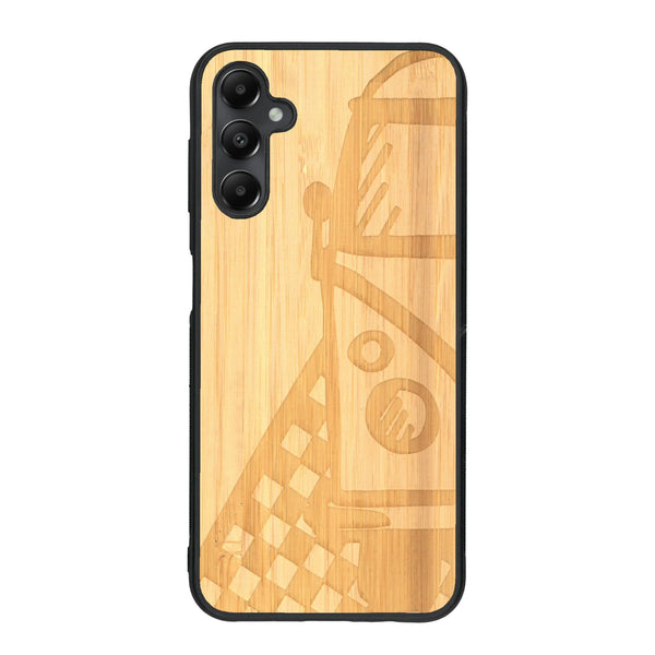Coque de protection en bois véritable fabriquée en France pour Samsung A05S sur le thème du voyage avec un van combi