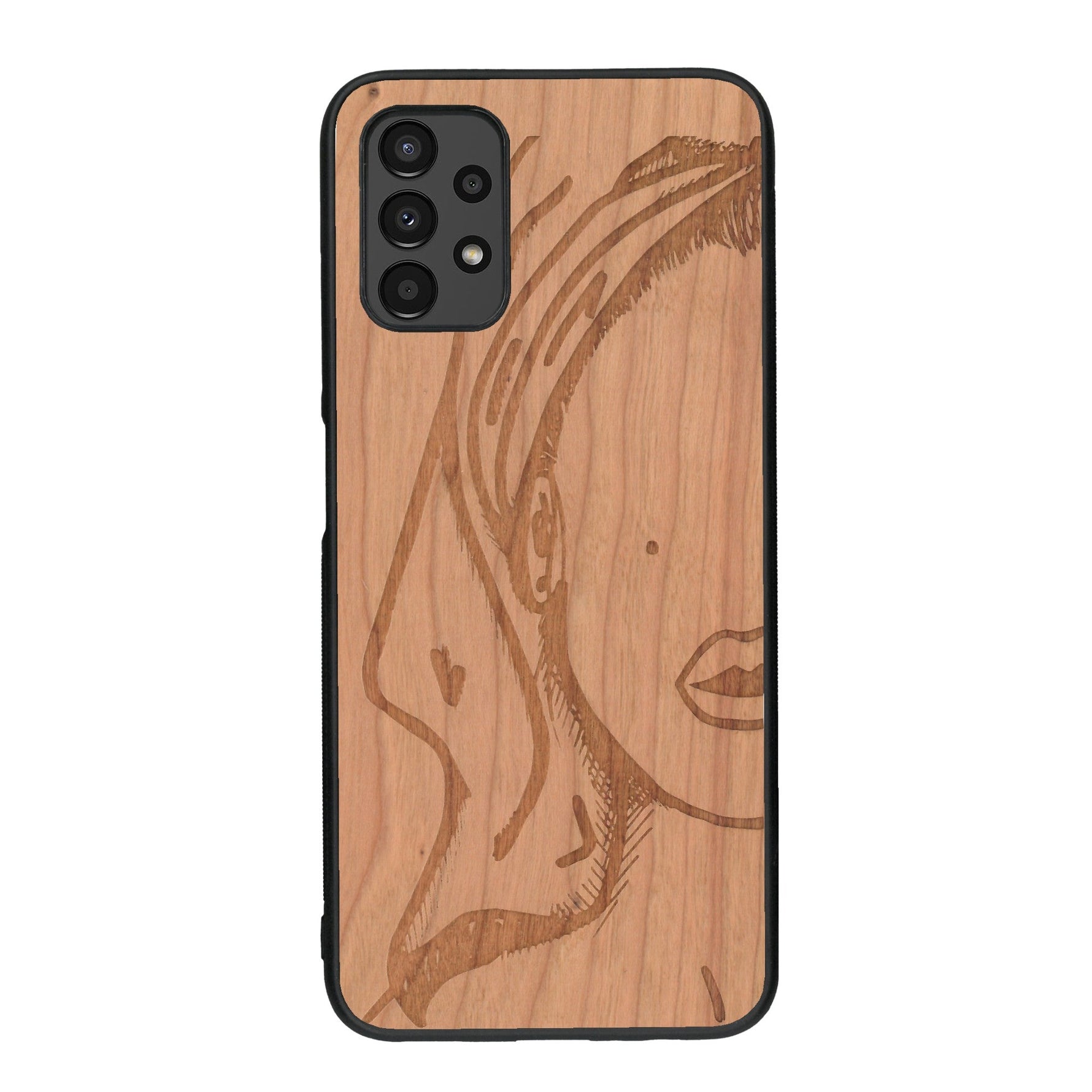 Coque de protection en bois véritable fabriquée en France pour Samsung A13 représentant une silhouette féminine épurée de type line art en collaboration avec l'artiste Maud Dabs