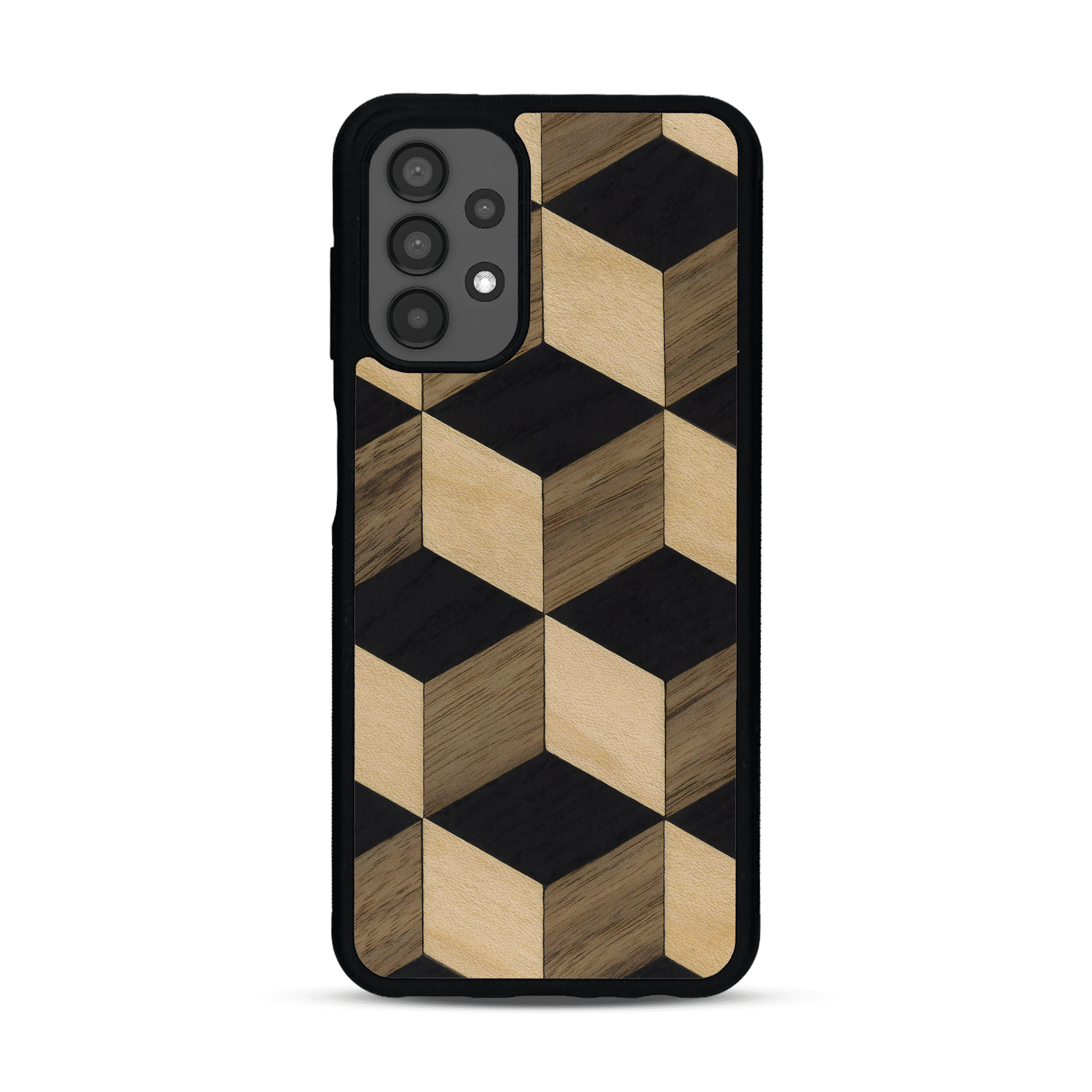 Coque de protection en bois véritable fabriquée en France pour Samsung A13 alliant plusieurs essences de bois pour représenter un classique intemporel de la marqueterie