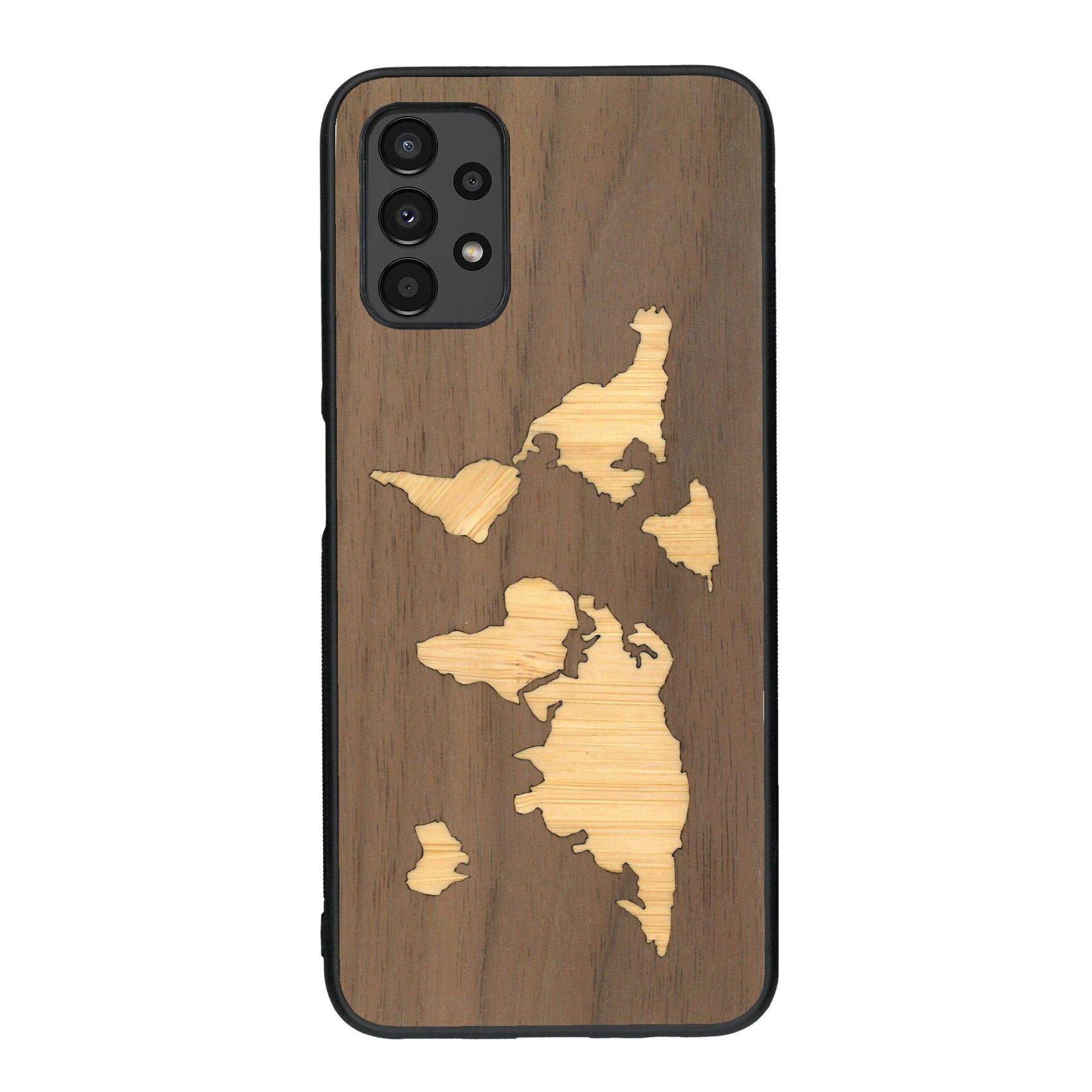 Coque de protection en bois véritable fabriquée en France pour Samsung A13 alliant du bambou et du noyer sur le thème du voyage et de l'aventure représentant une mappemonde