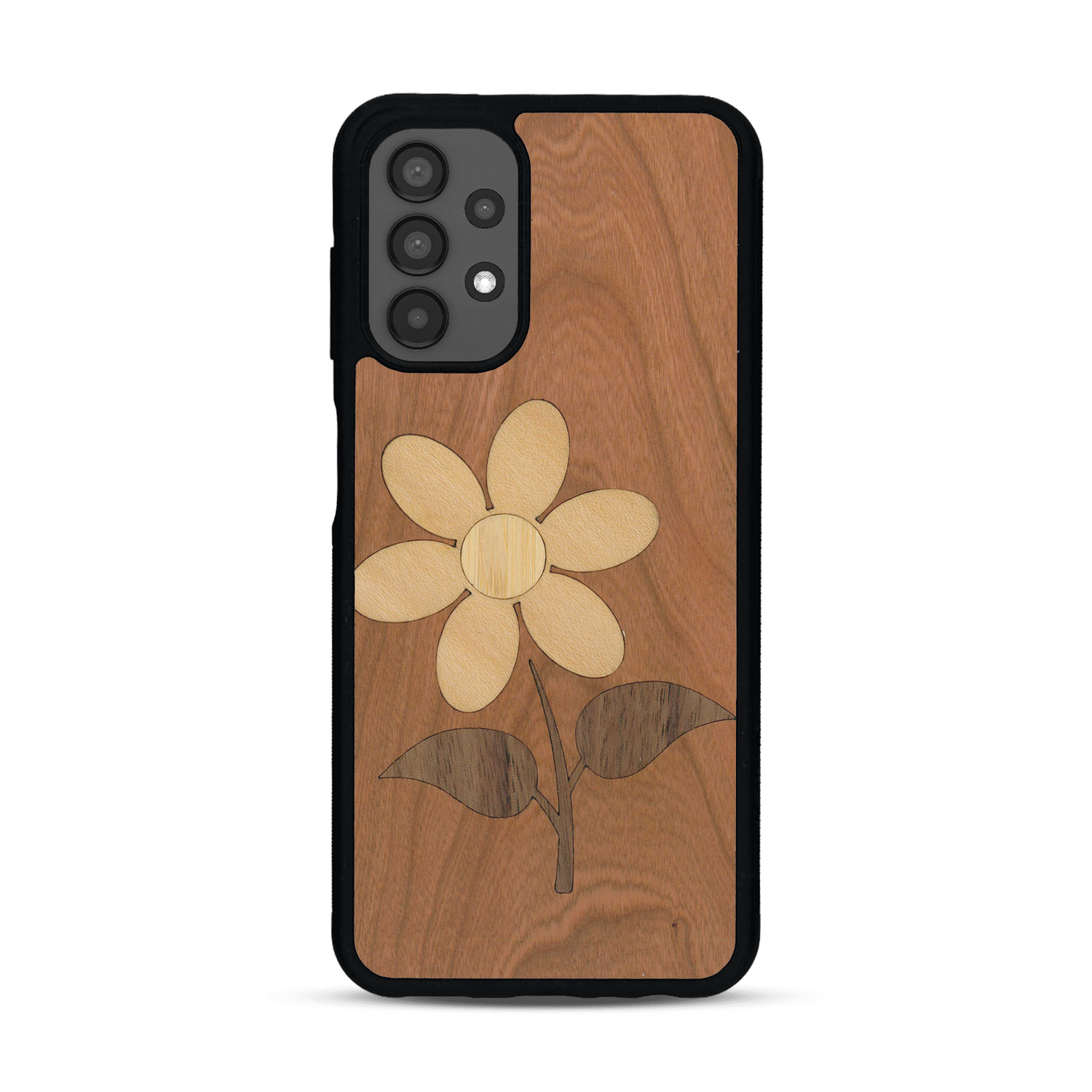 Coque de protection en bois véritable fabriquée en France pour Samsung A13 alliant plusieurs essences de bois pour représenter une marguerite