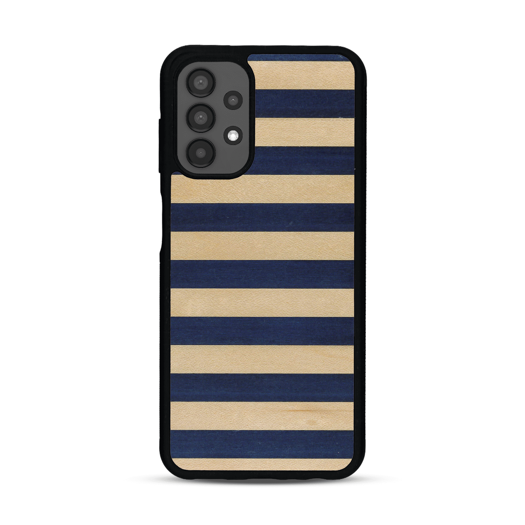 Coque de protection en bois véritable fabriquée en France pour Samsung A13 alliant plusieurs essences de bois pour représenter une marinière
