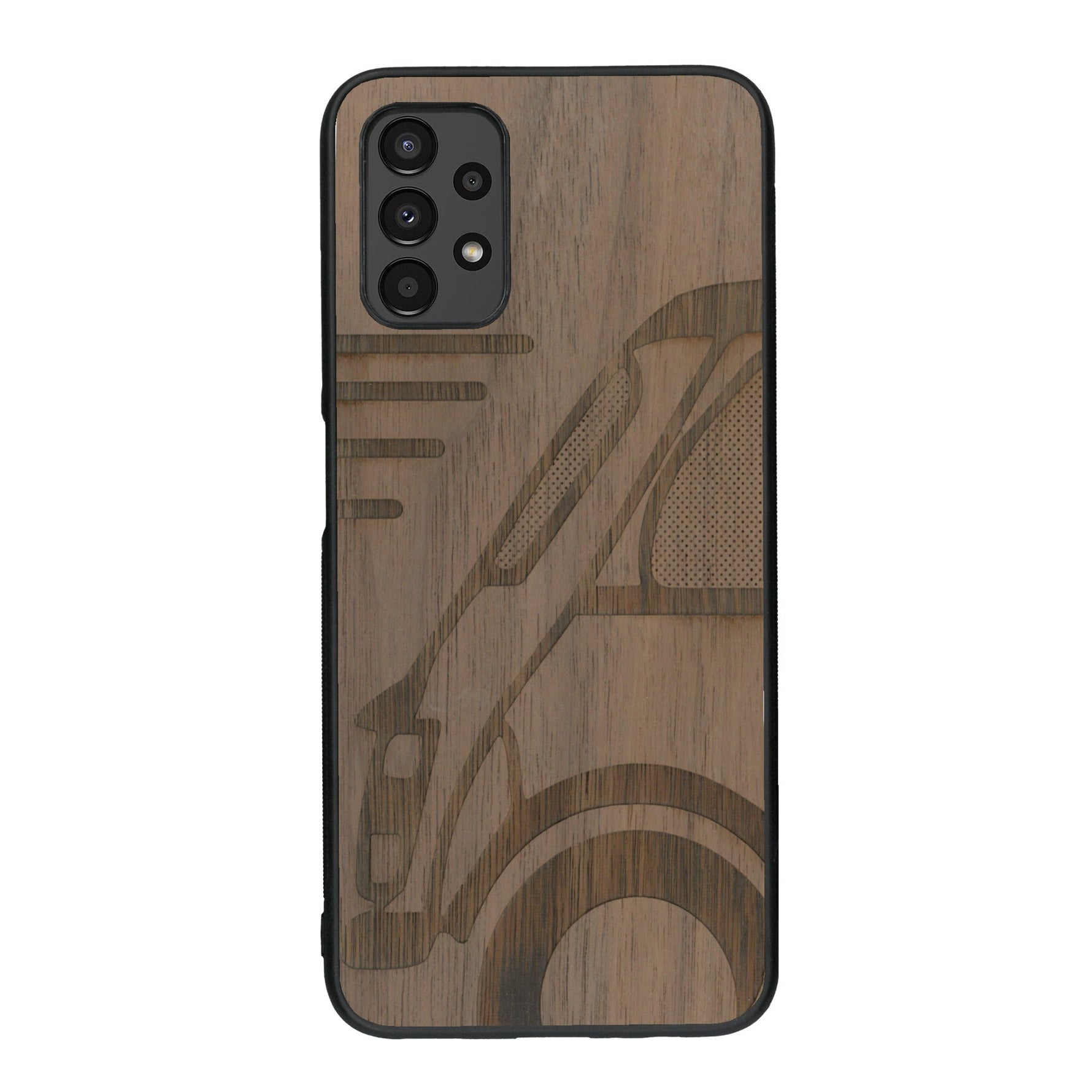 Coque de protection en bois véritable fabriquée en France pour Samsung A13 sur le thème de l'automobile avec une authentique Mini Cooper