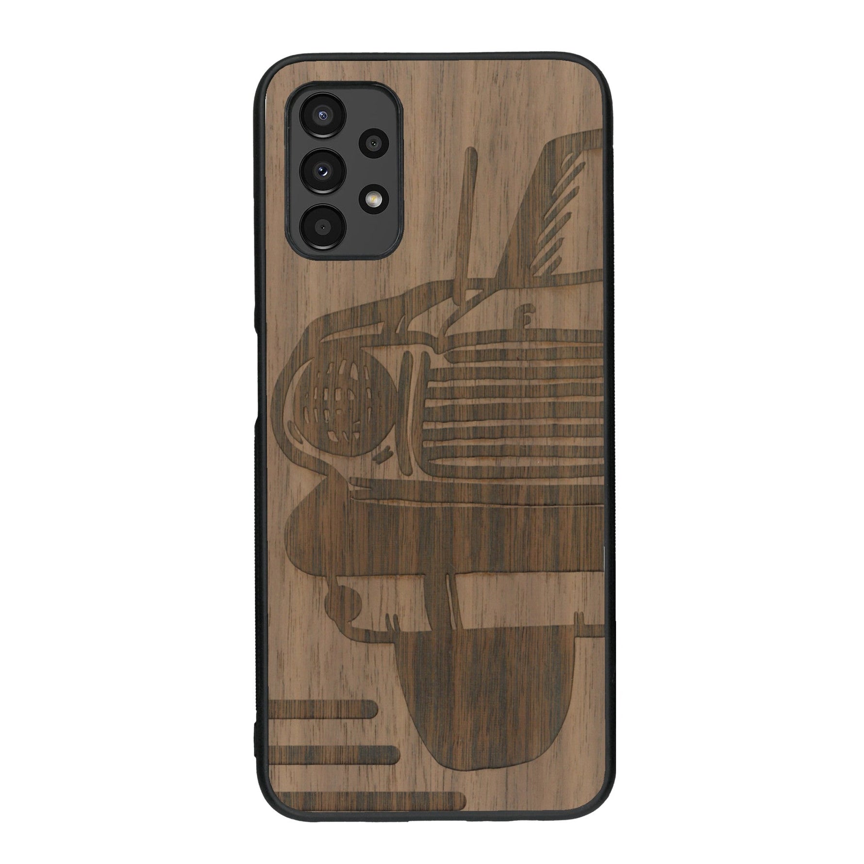Coque de protection en bois véritable fabriquée en France pour Samsung A13 sur le thème de l'automobile avec une authentique Mustang