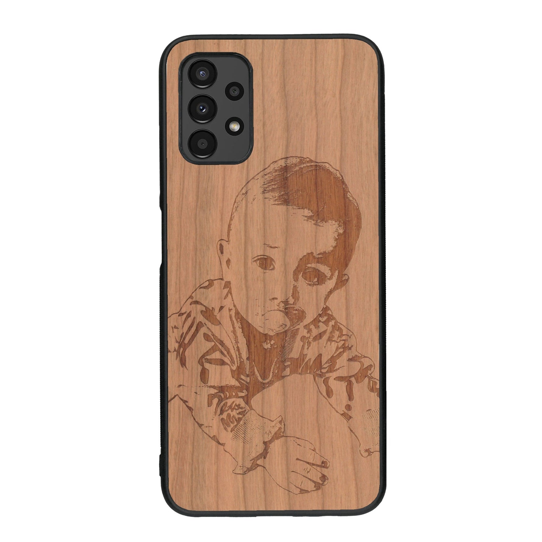Coque de protection en bois véritable fabriquée en France pour Samsung A13 avec gravure personnalisée à partir d'une photo, d'une image, d'un logo, des initials ou d'une phrase